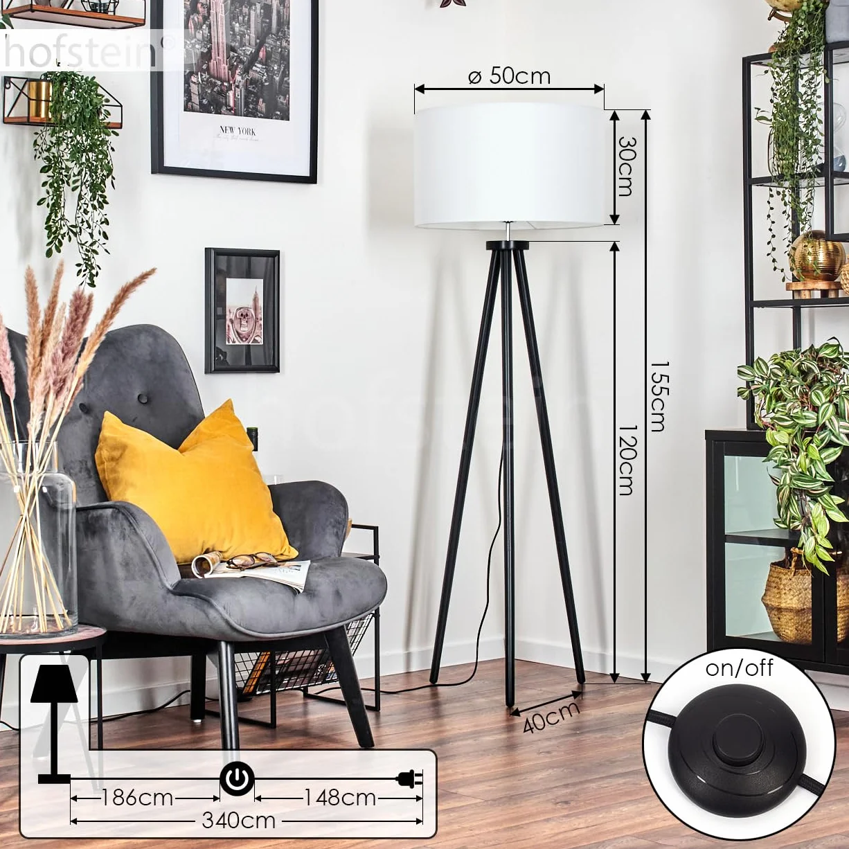 Felmming lampa stojąca, lampa podłogowa z drewna/tkaniny w kolorze czarnym/białym, lampa w skandynawskim designie z okrągłym kloszem (Ø 50 cm) i włącznikiem nożnym, wysokość 155 cm, 1x E27 bez żarówki