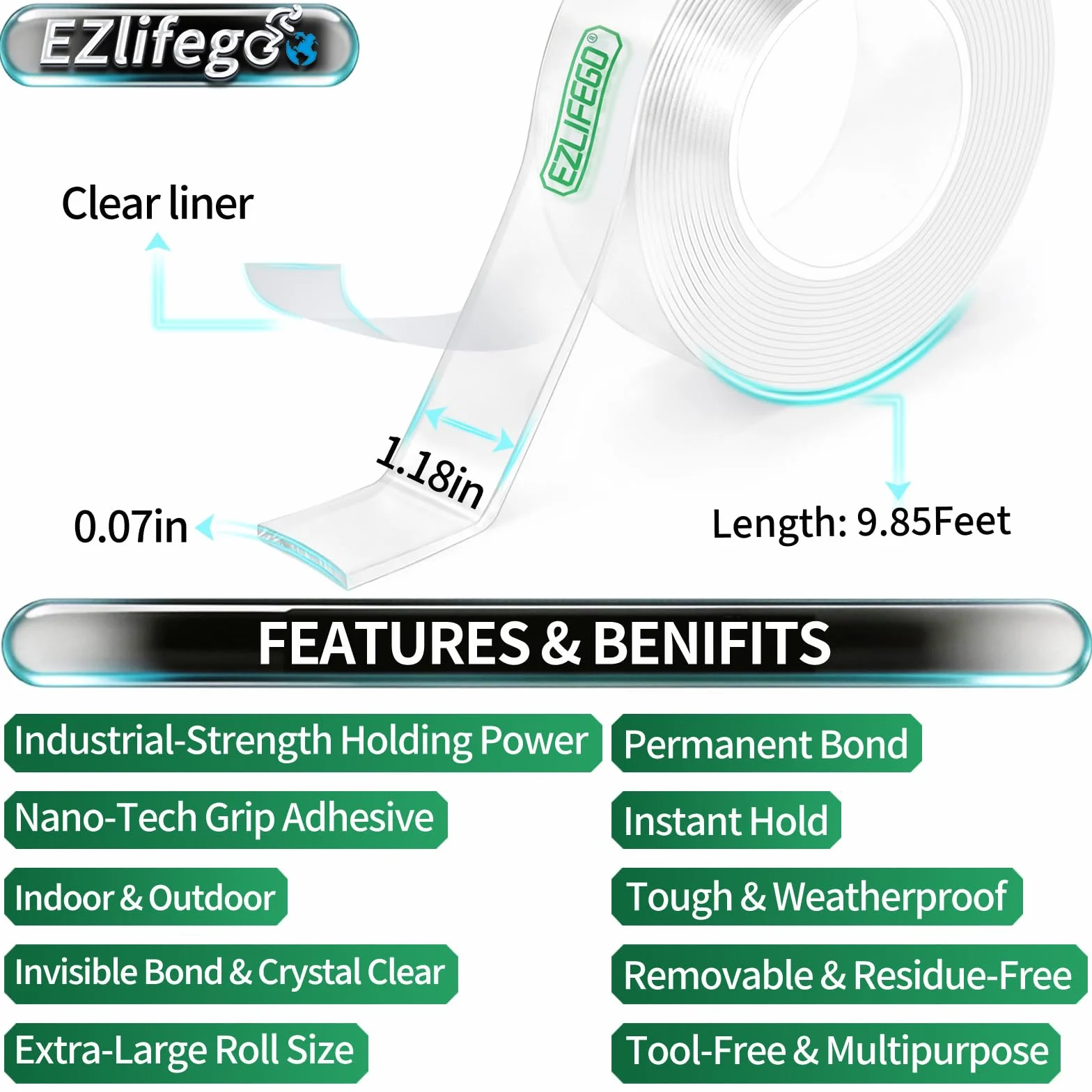 EZlifego dwustronna taśma klejąca Heavy Duty (9,85 stóp), wielofunkcyjna, usuwalna taśma montażowa, przyczepny uchwyt, zmywalna, mocna, samoprzylepna taśma ścienna, przezroczysta taśma plakatowa