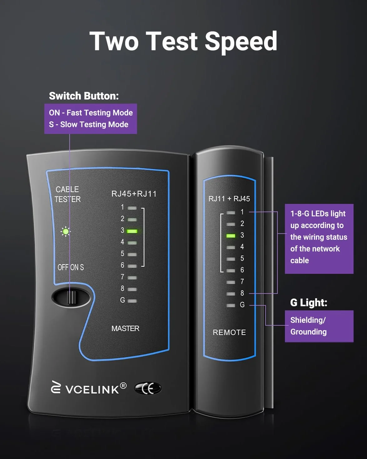 VCELINK Tester kabli sieciowych, tester RJ45 LAN do kabli CAT7, CAT6, CAT5E, CAT5 i kabla telefonicznego RJ11, czarny, 1 sztuka