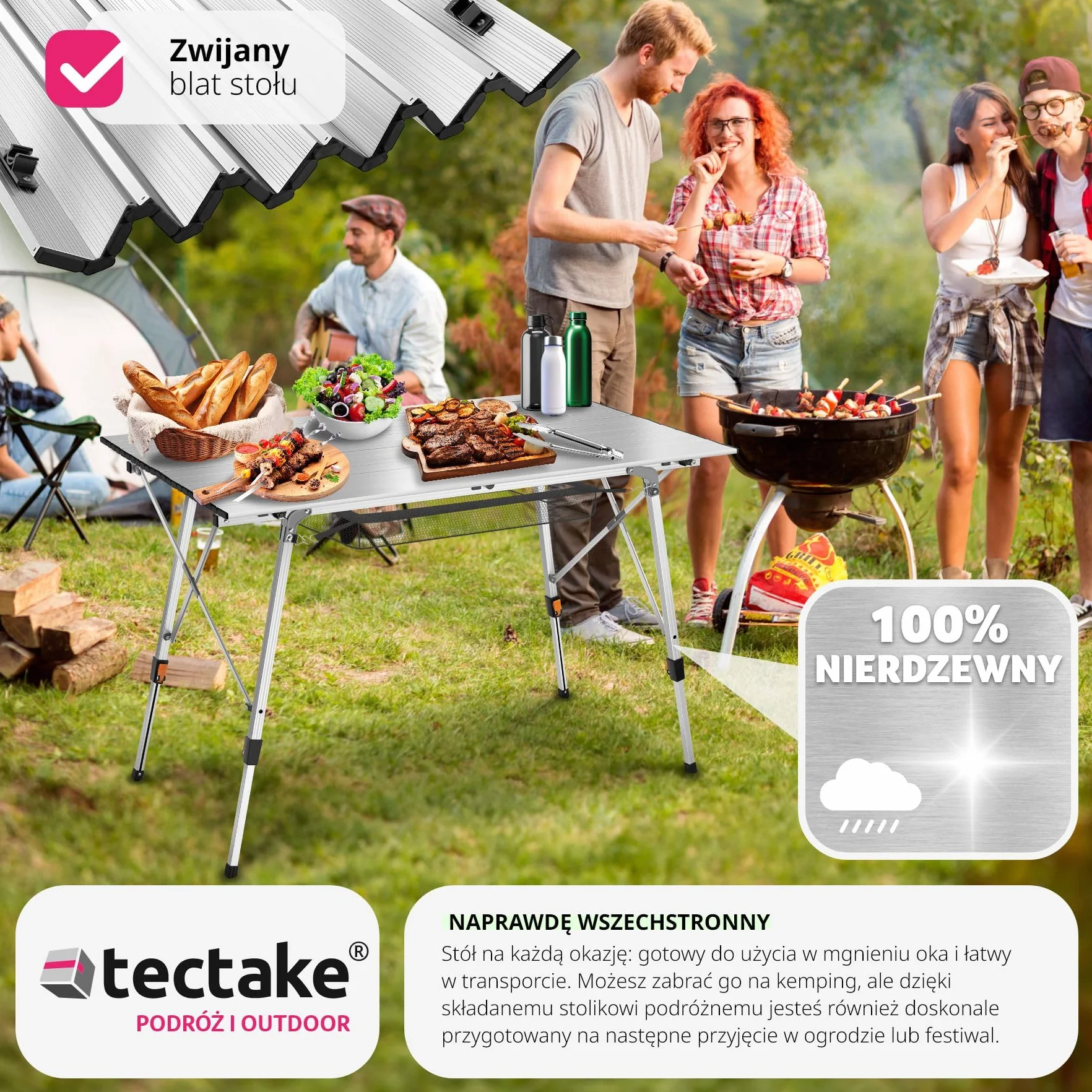 tectake® Składany Stół Kempingowy, Zwijany Blat XXL, Aluminiowa Konstrukcja, Regulacja Wysokości, Lekki, Odporny Na Pogodę, Siatkowa Półka, Torba Transportowa, Doskonały na Piknik (Szary)