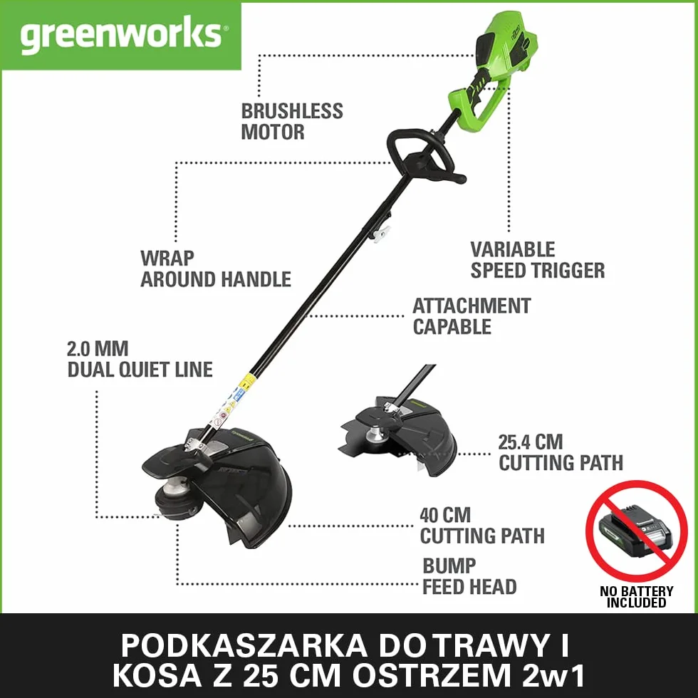 Greenworks GD40BC Akumulatorowa Kosa z Silnikiem Bezszczotkowym, Szelki, Regulowana Wysokość, 40 cm Szerokość Cięcia, 2 mm Żyłka Nylonowa lub 25 cm Ostrze BEZ Baterii 40V i Ładowarki