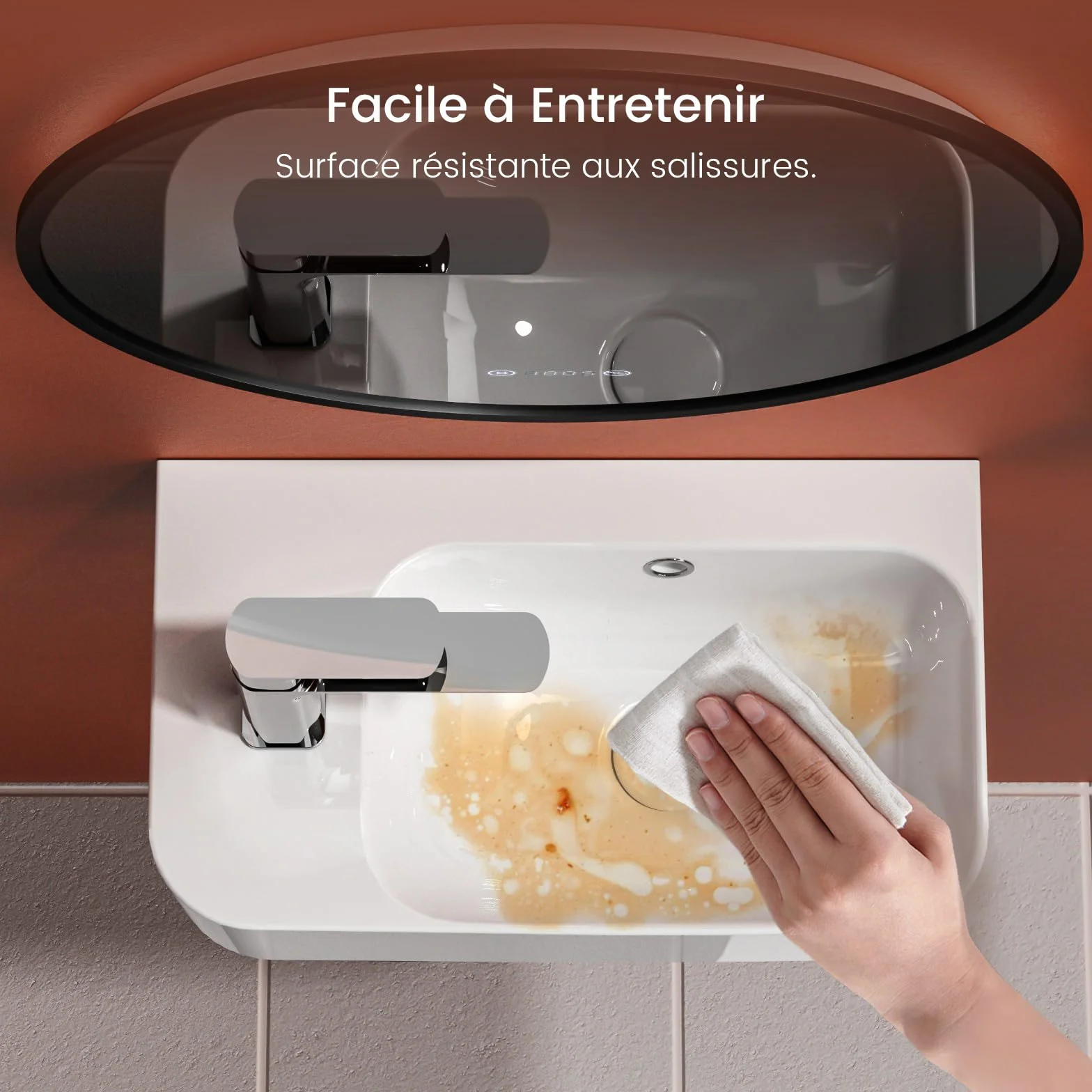 EMKE Umywalka wisząca 450 x 265 x 155 mm - kompaktowa i elegancka umywalka do małych łazienek i toalet dla gości - bateria lewa, montaż ścienny, błyszcząca biel
