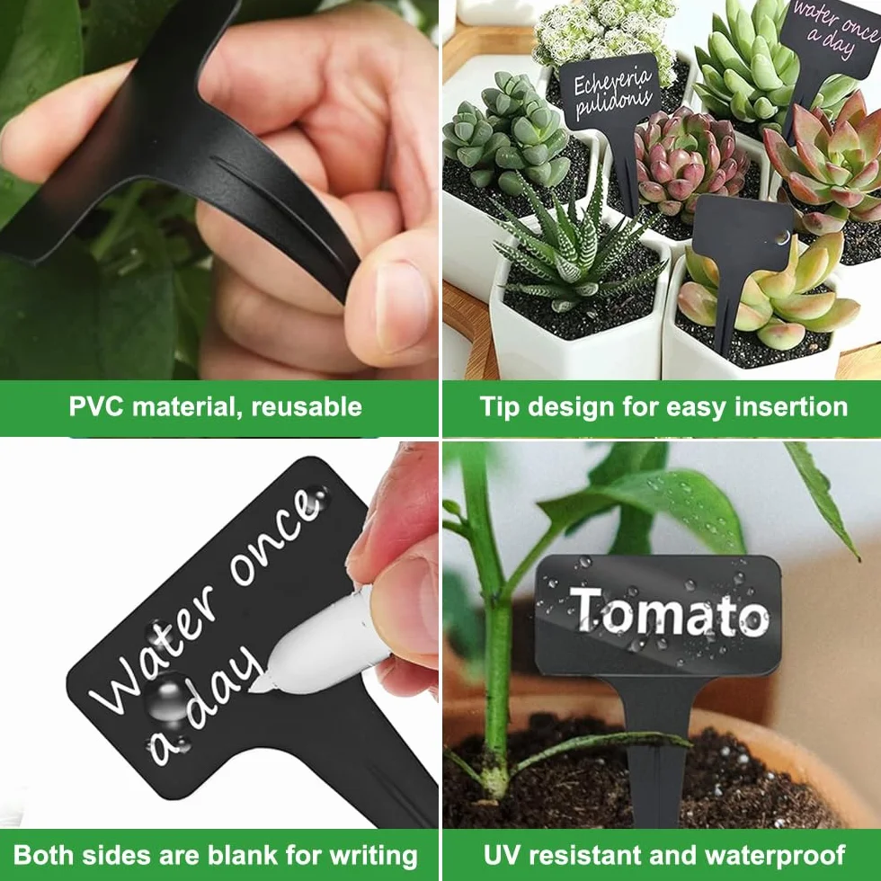 200 sztuk plastikowych tabliczek na rośliny, czarne, 10 x 6 cm, odporne na warunki atmosferyczne, wtyki do opisywania roślin z 1 markerem, tabliczki kwiatowe wielokrotnego użytku, do użytku na