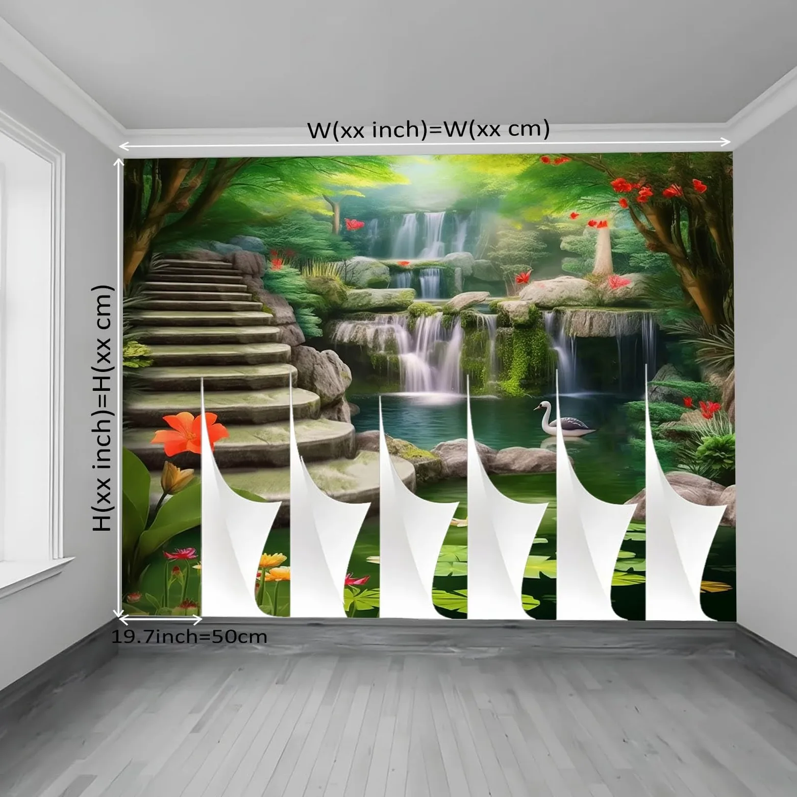 Tapeta 3D włóknina naturalna wodospad 3D 350 x 256 cm tapeta dekoracja ścienna do salonu sypialnia zielona