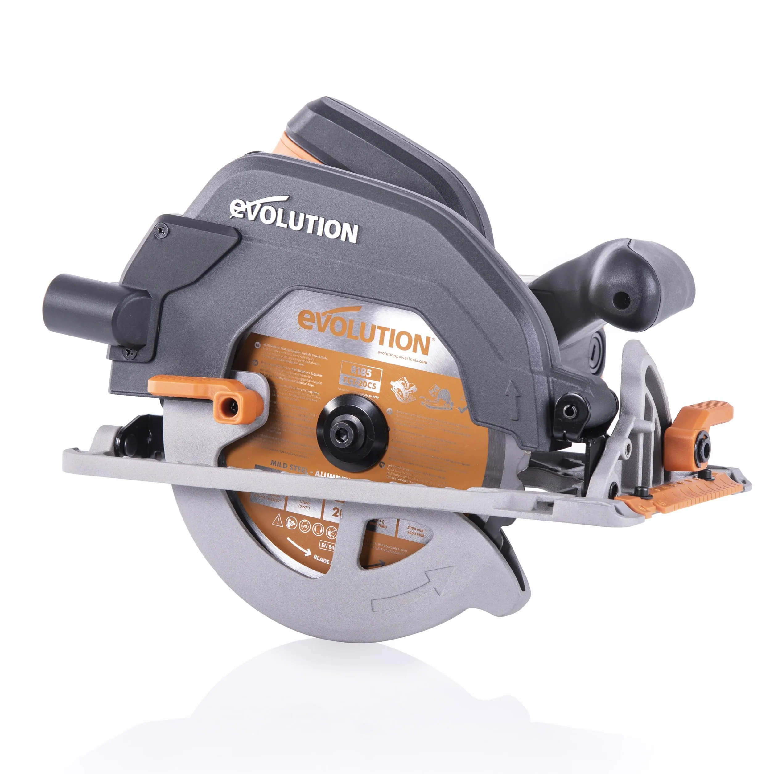 Evolution Power Tools R185CCS Pilarka tarczowa z szyną i tarczą TCT 185 mm do cięcia wielu materiałów: tnie drewno, metal stal aluminium plastik, opcja odchylenia, w zestawie prowadnica
