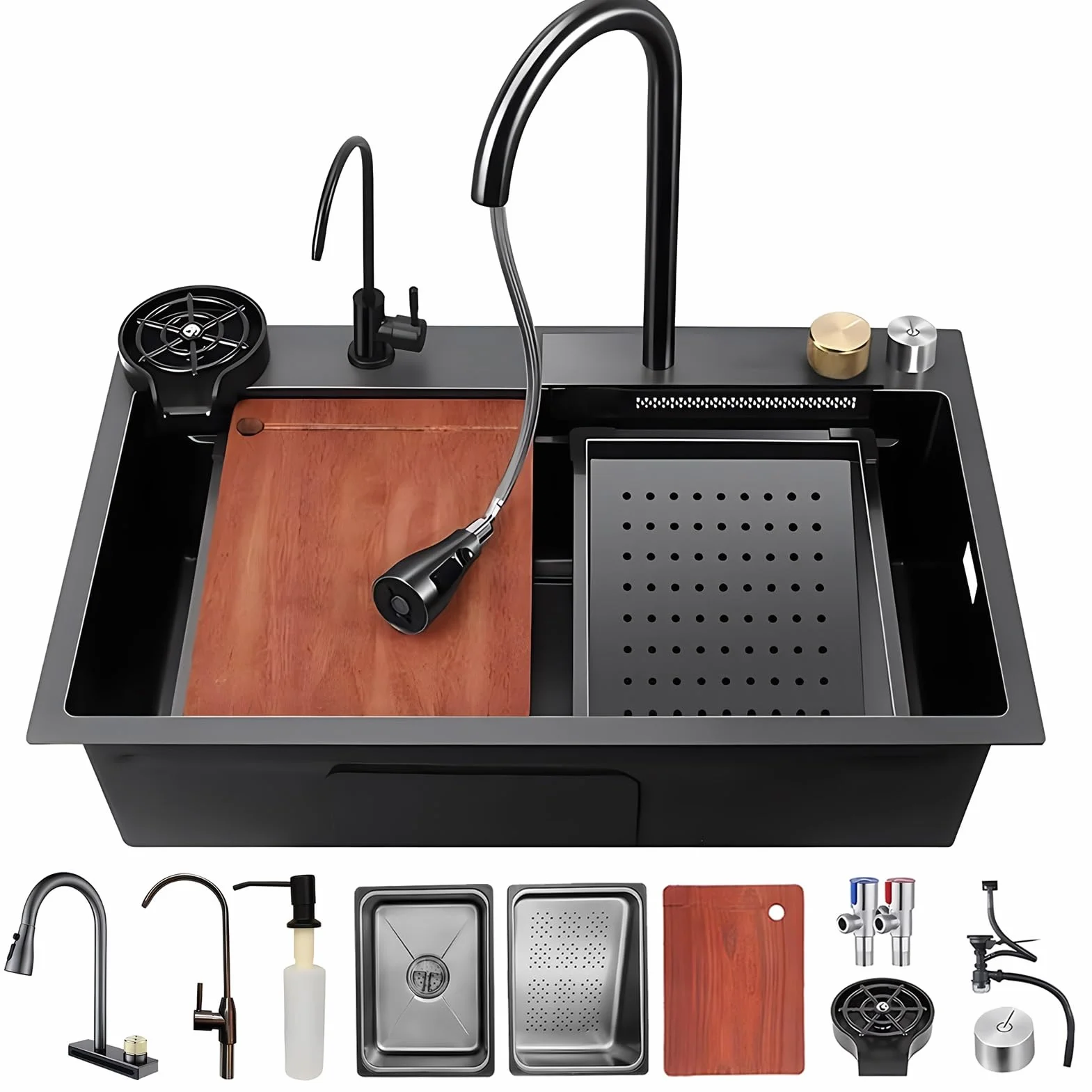 Workstation Kitchen Sink With Waterfall Dual Bowl Pull-Out 3 In 1 Faucet, Stainless Steel Basin Set, Pressure Pot Washer, Cutting Board, Draining Basket More Accessories(Black-Gray A,80x46cm)