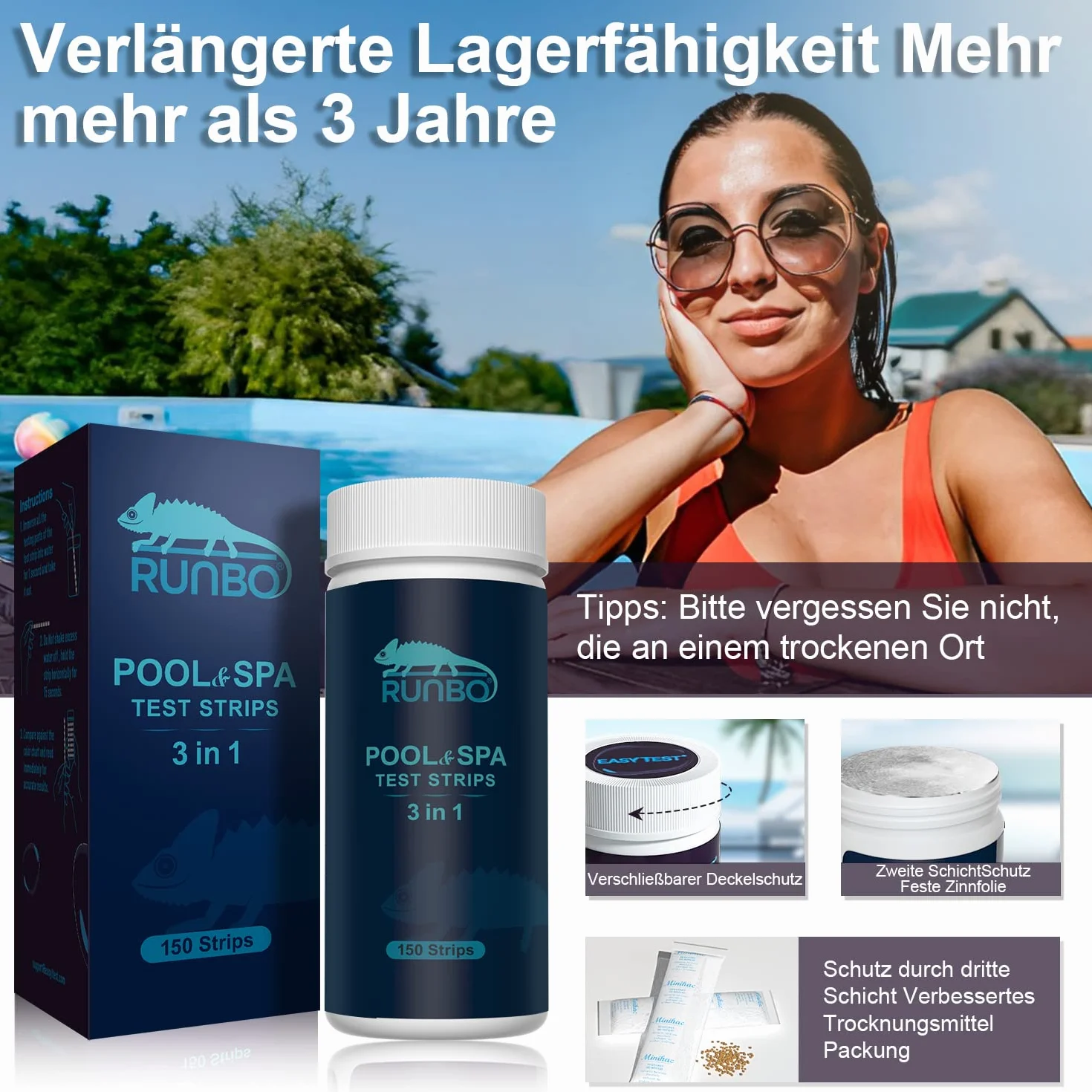 RUNBO 3 w 1 paski testowe do spa 150 drążków paski testowe zestaw do testowania wody Precyzyjny tester chemiczny dla wolnego chloru Brom Alkaliczność pH