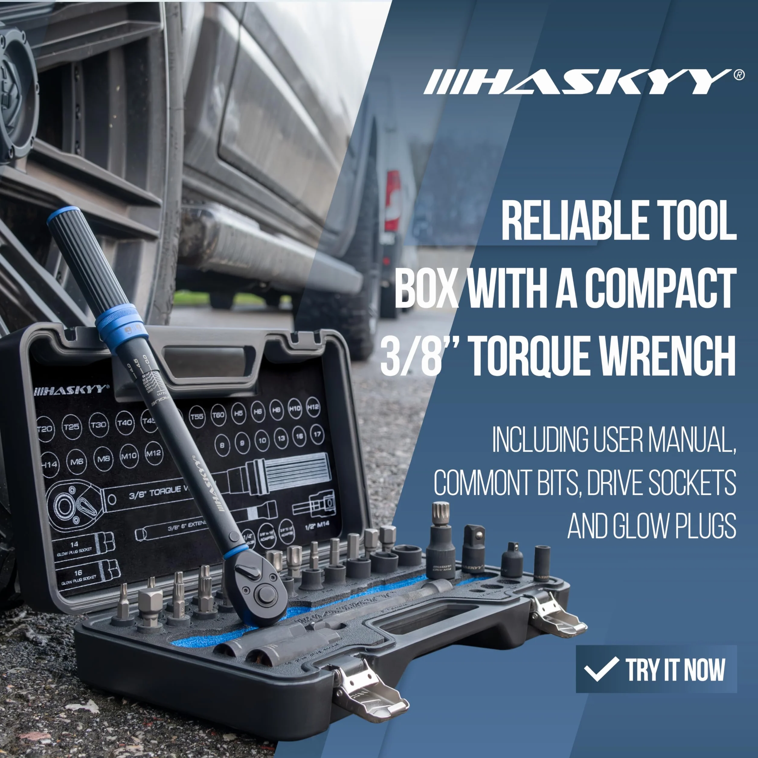 HASKYY Zestaw kluczy dynamometrycznych 3/8" 5-60 Nm do motocykla, drążek przedłużający, bity, nasadki do nakrętek, adaptery - narzędzia serwisowe