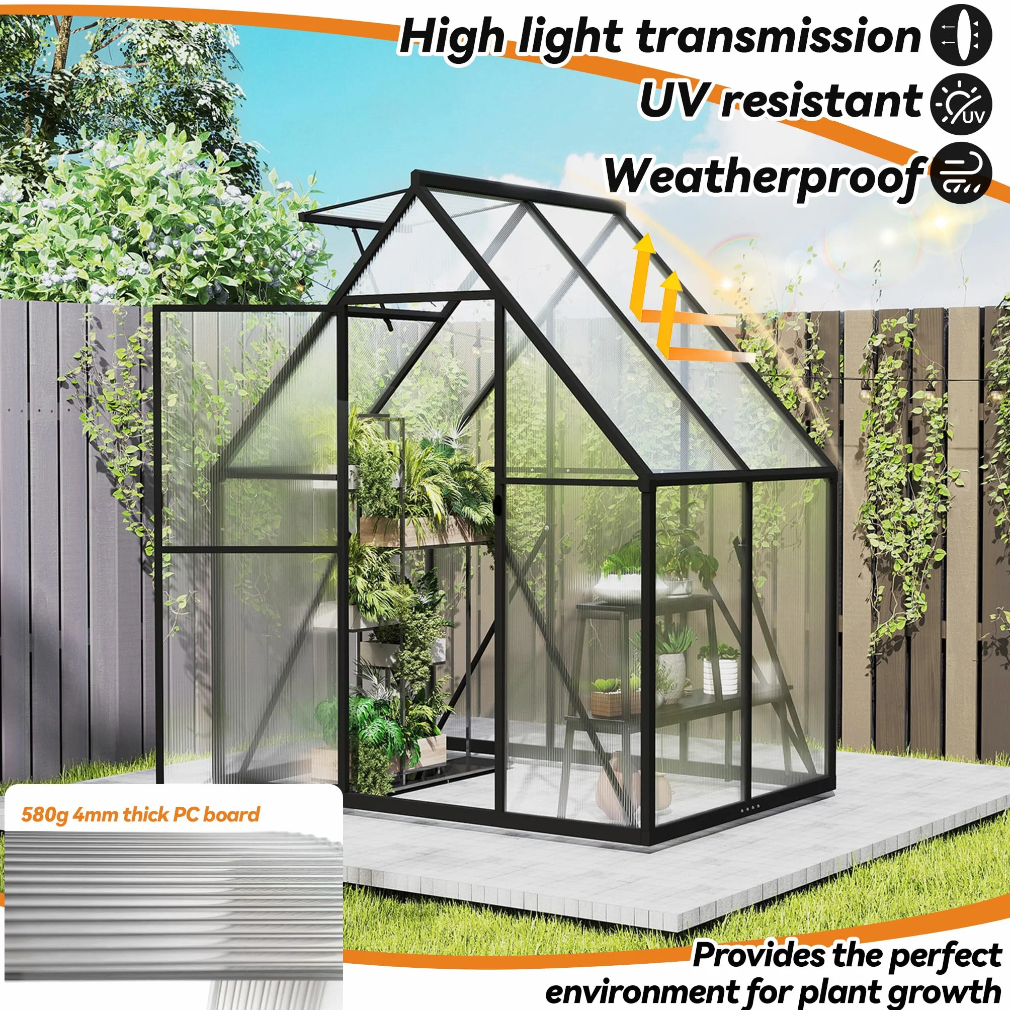 Aufun Szklarnia premium z aluminium, 2,25 m², z fundamentem 6 cm i płytą PC 4 mm, odporna na działanie promieni UV, odporna na warunki atmosferyczne, do ogrodu, 125 x 180 x 195 cm