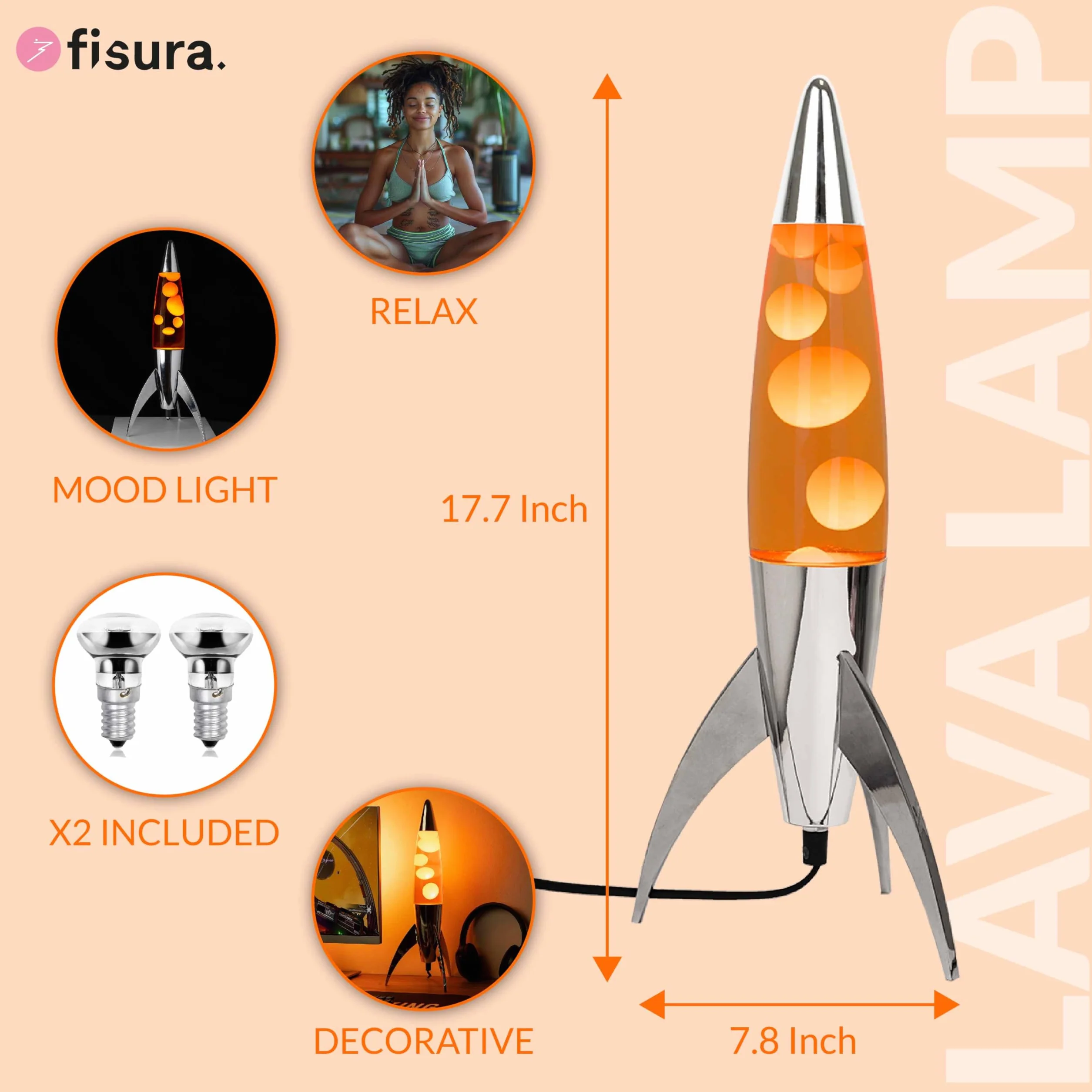 Fisura - Pomarańczowa lampa lawa "rocket”. Chromowana podstawa, pomarańczowy płyn i pomarańczowa lawa. Retro lampa magma z zapasową żarówką. 20 cm x 20 cm x 45 cm.