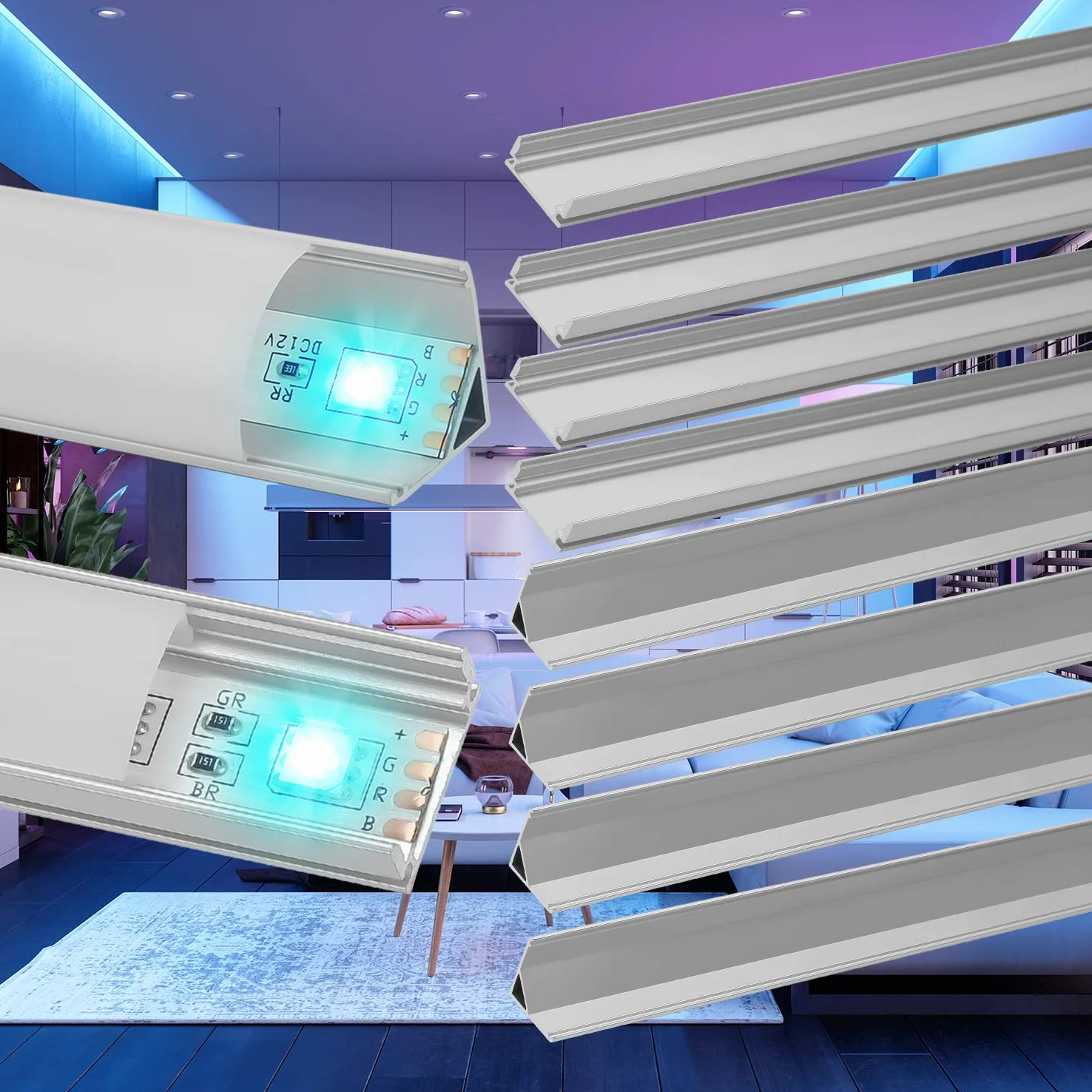 Profil aluminiowy LED, 40 x 1 m, profil LED 45 stopni, kształt litery V do taśm LED / taśm/pasków (1-11 mm) z osłoną, w zestawie zaślepki i klipsy montażowe do taśm LED