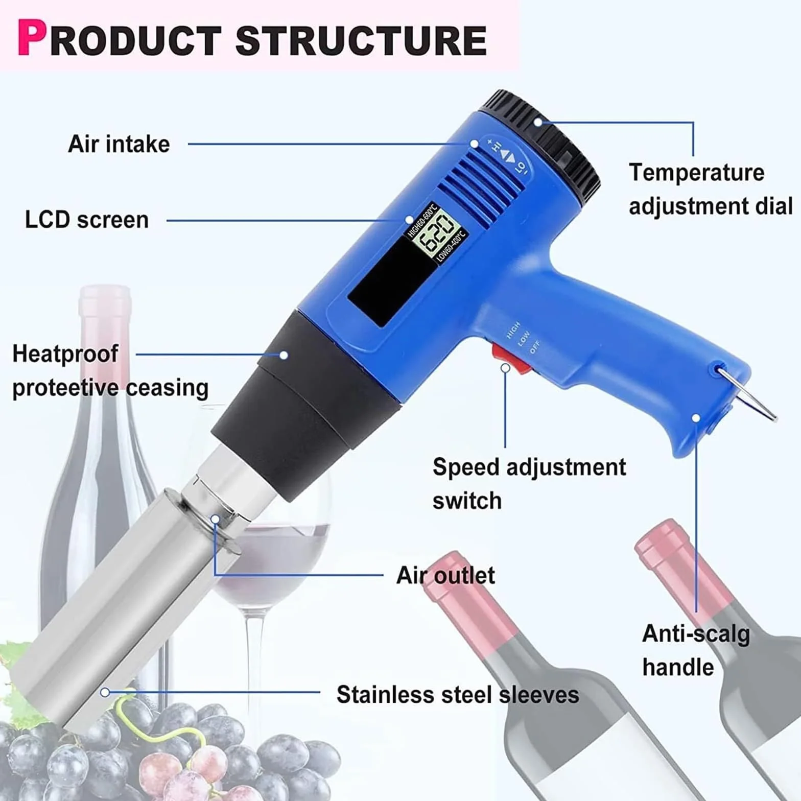 Przenośny pistolet termokurczliwy z cyfrową regulacją temperatury, opalarka z regulacją temperatury do termokurczliwości kapsułek PVC, a