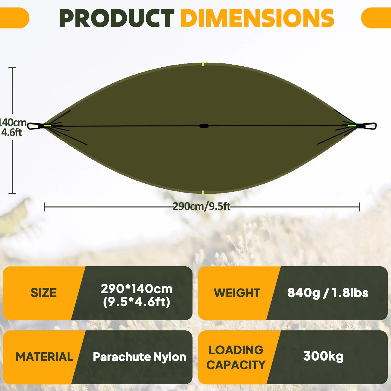 NatureFun Hamak kempingowy z moskitierą, nośność: 300 kg, oddychający, szybkoschnący nylon spadochronowy, kompletne akcesoria, łatwy montaż, hamak podróżny do użytku na zewnątrz (290 x 140 cm)
