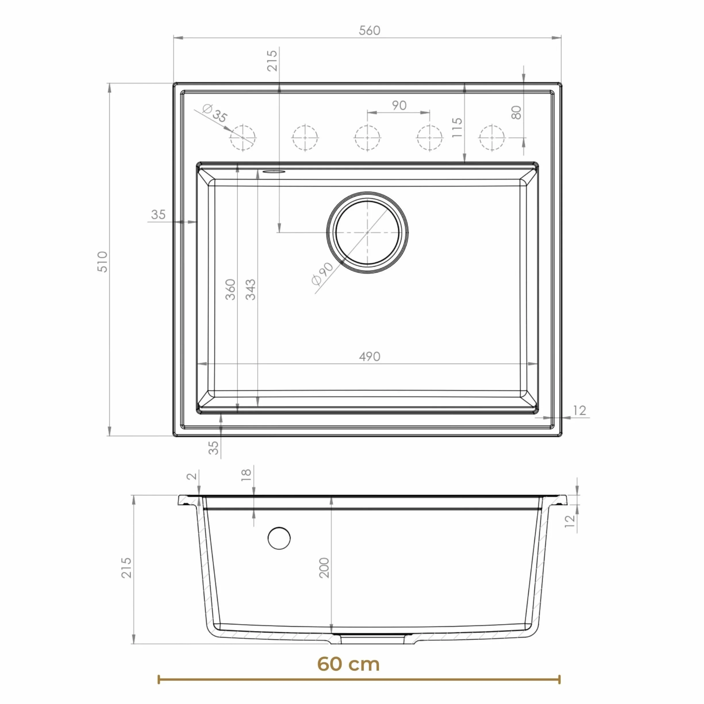 SINK Quality zlewozmywak biały granit 56 x 51 cm – nowoczesny zlewozmywak kuchenny z deską do krojenia, syfon, złoty, ociekacz, środek impregnujący, zlewozmywak do zabudowy, umywalka pojedyncza do