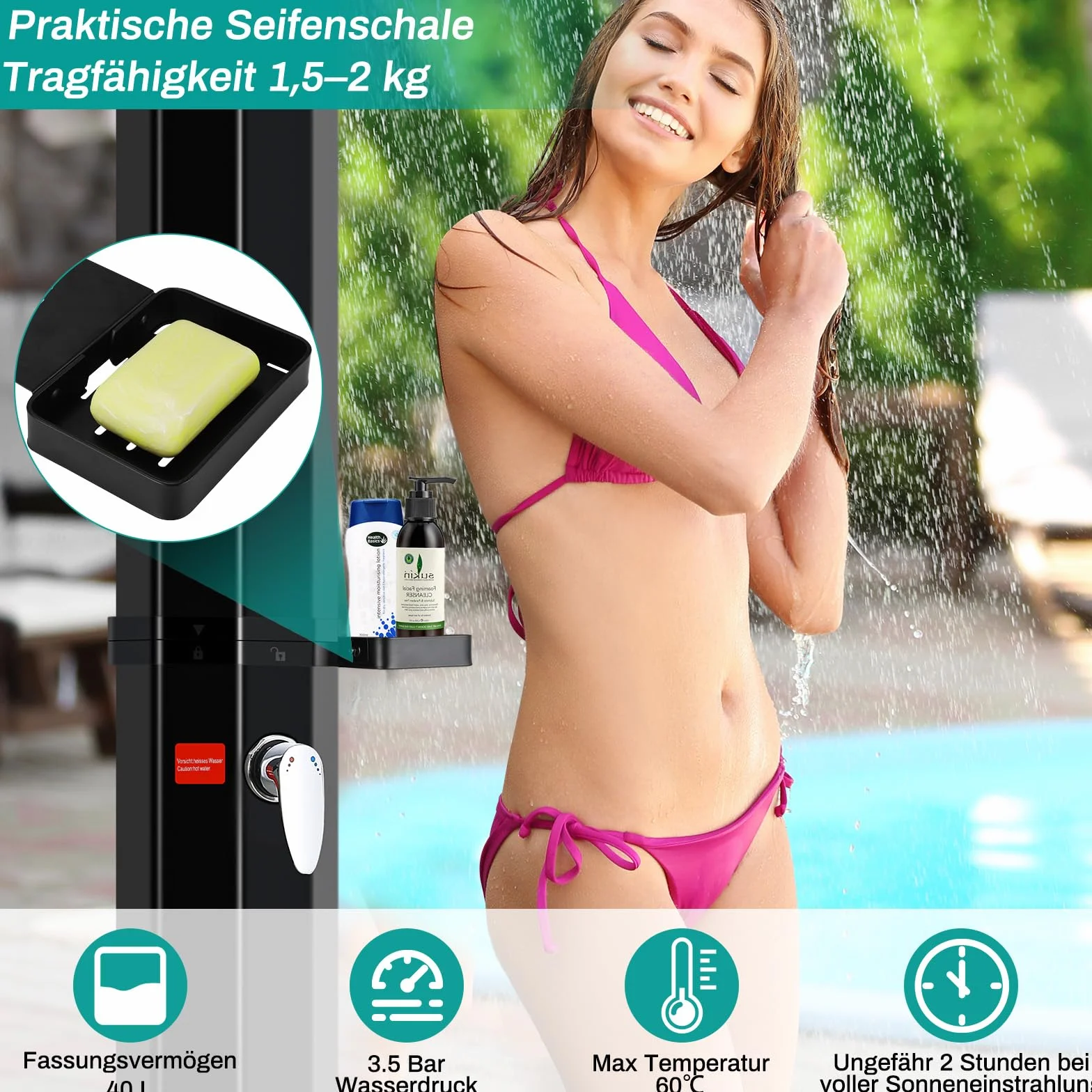 LIFERUN Prysznic solarny 40 l, prysznic ogrodowy, ciepła woda do 60°C, z deszczownicą, kranem, skrzynką na mydło i pokrowcem ochronnym, prysznic basenowy, na kemping, do ogrodu, na balkon i basen, bez