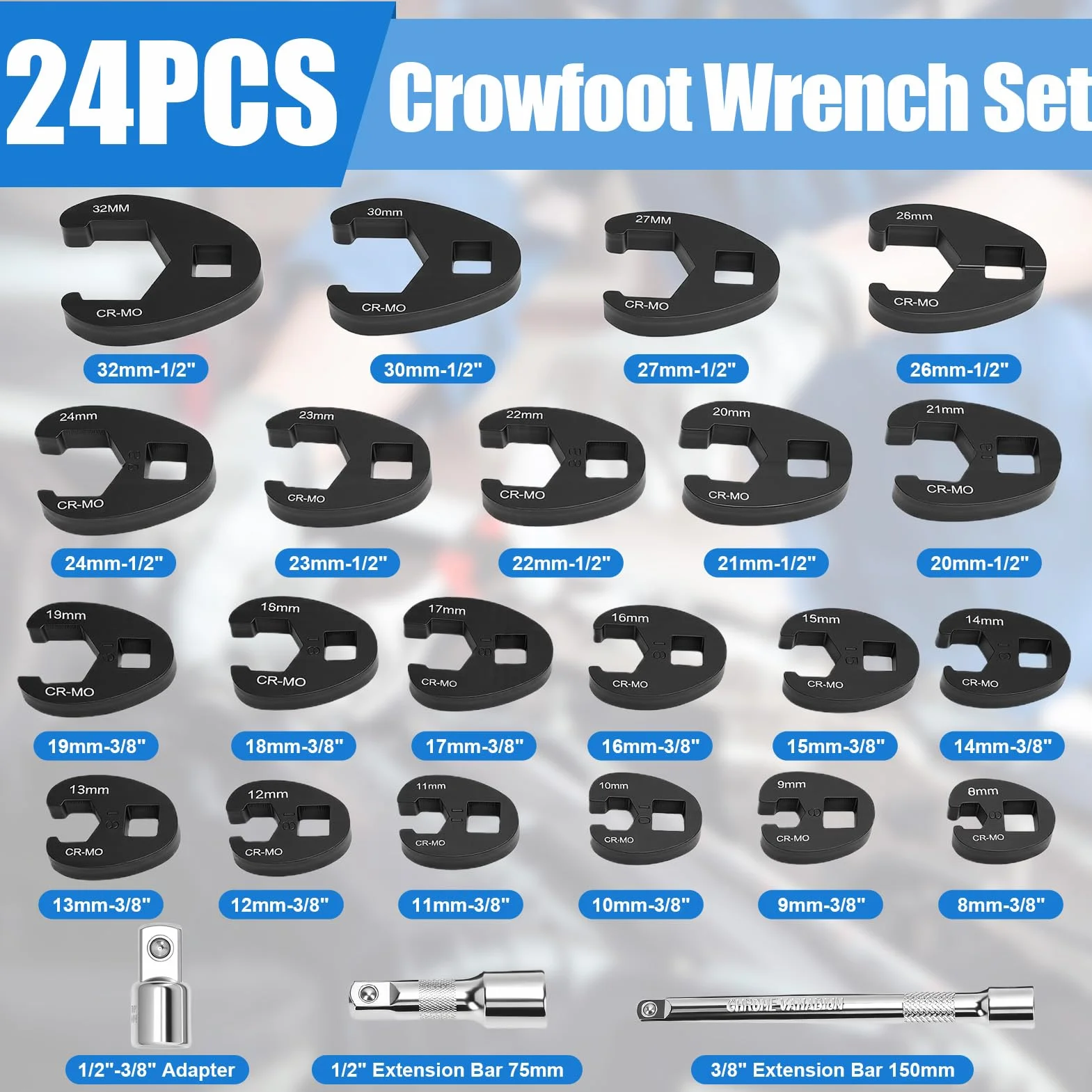 Yosoo Health Gear 24-częściowy zestaw kluczy kroplowych Crowfoot 8 mm do 32 mm, zestaw kluczy do łapy kurzych z przedłużeniem 1/2 i 3/8 cala do ograniczonych przestrzeni
