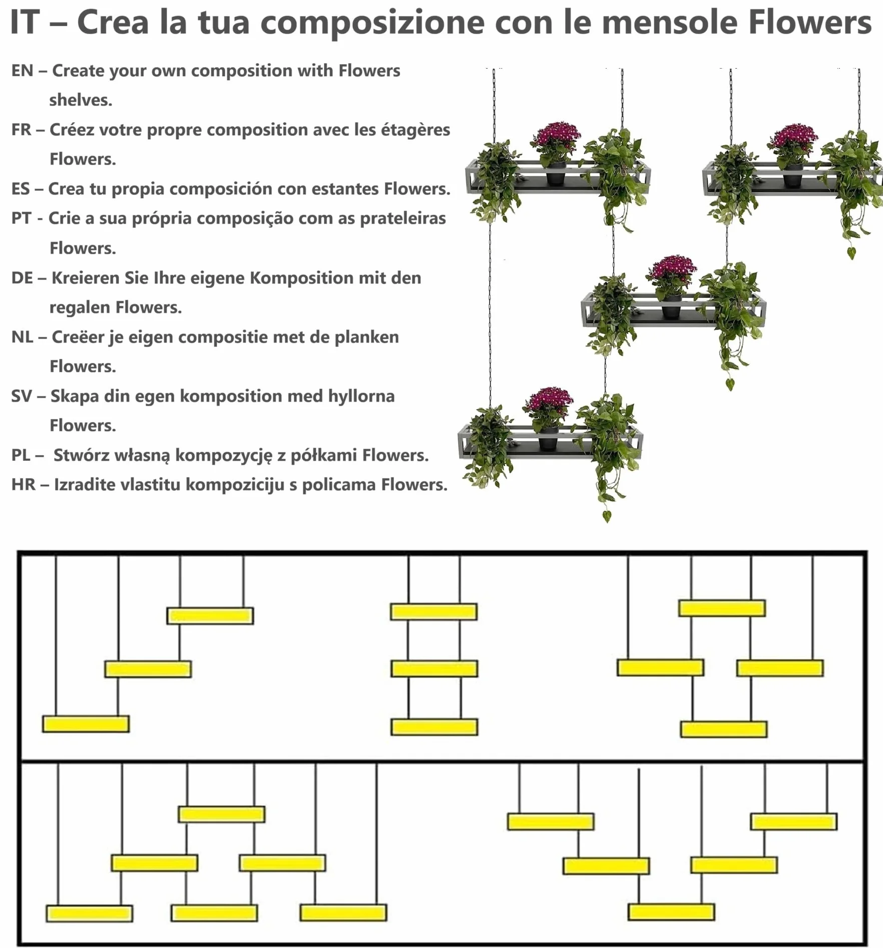 yelloo - Wisząca półka sufitowa z łańcuchami, idealna do stojaków na kwiaty, rośliny wewnętrzne i zewnętrzne, klasyczny i elegancki design do domu, balkonu (FLOWERS czarny/czarny, 115 cm)