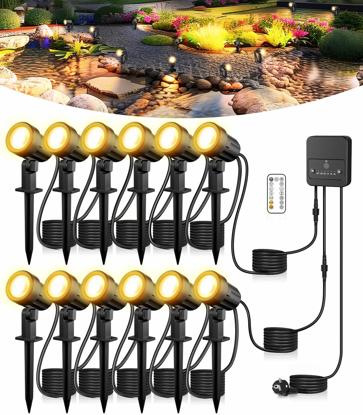 CLV Oświetlenie ogrodowe z zasilaniem, 35M reflektor ogrodowy LED zewnętrzny 2700K-6500K ściemnialne oświetlenie z pilotem 2 tryby dynamiczne oświetlenie 2400LM IP66 wodoodporne lampy do ogrodu