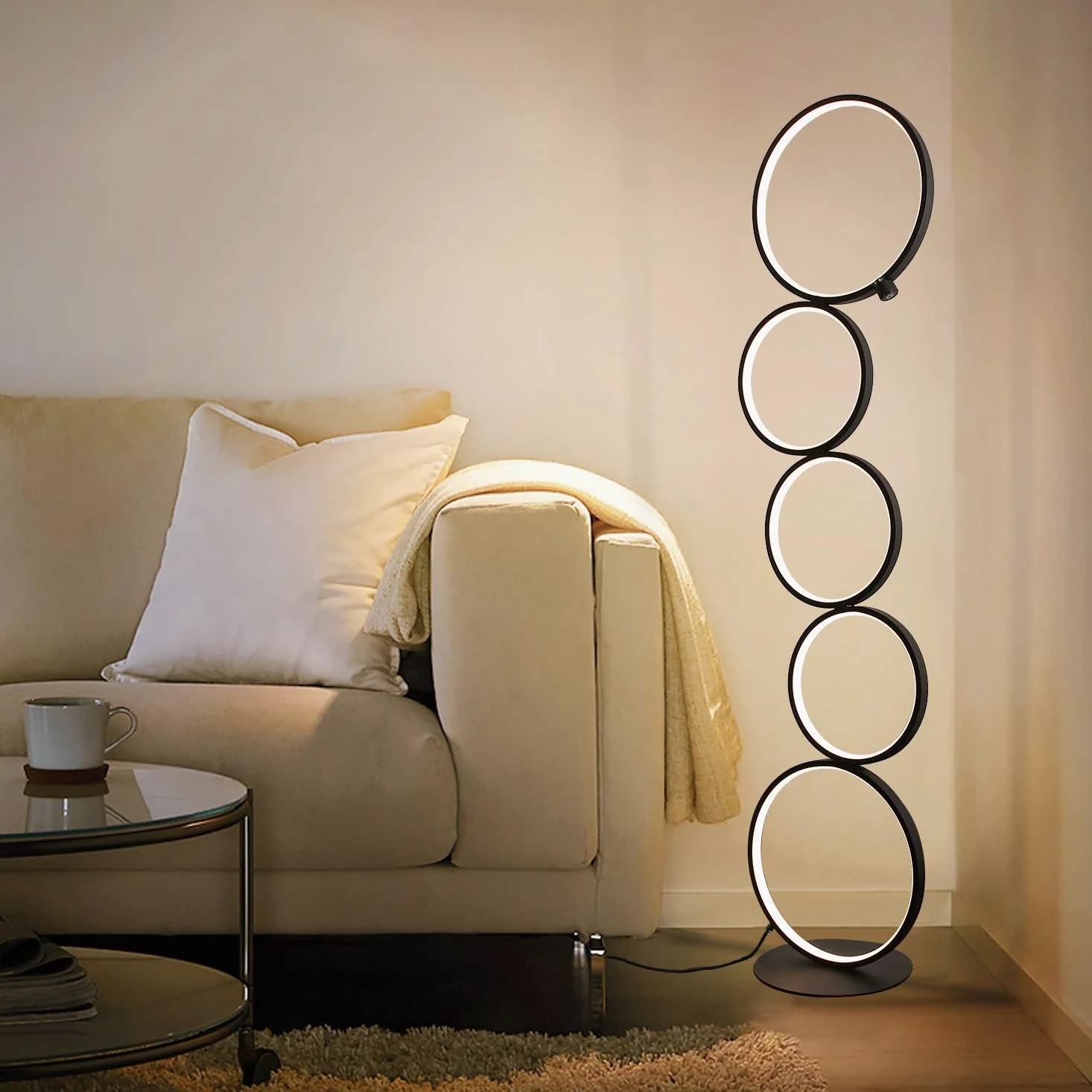 GBLY LED ściemnialna lampa podłogowa nowoczesna 32W przełącznik dotykowy ciepła biel 3000K aluminiowa górna 5-Lekka pierścieniowa czarna do sypialni salon
