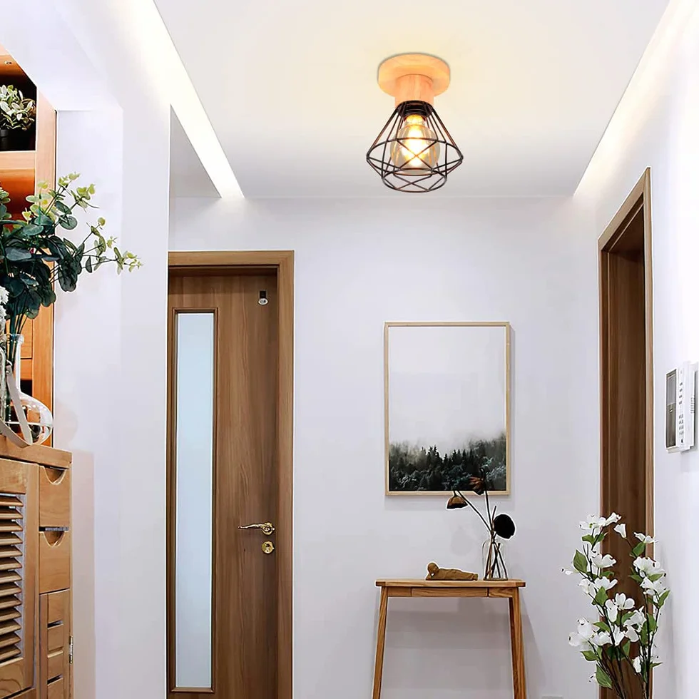 iDEGU Zestaw 2 lamp sufitowych przemysłowych, 16 cm Vintage E27 Retro żyrandol wisząca z żelaza i drewna Klatka Design Czarna lampa sufitowa do wejścia do przedpokoju sypialni kuchni