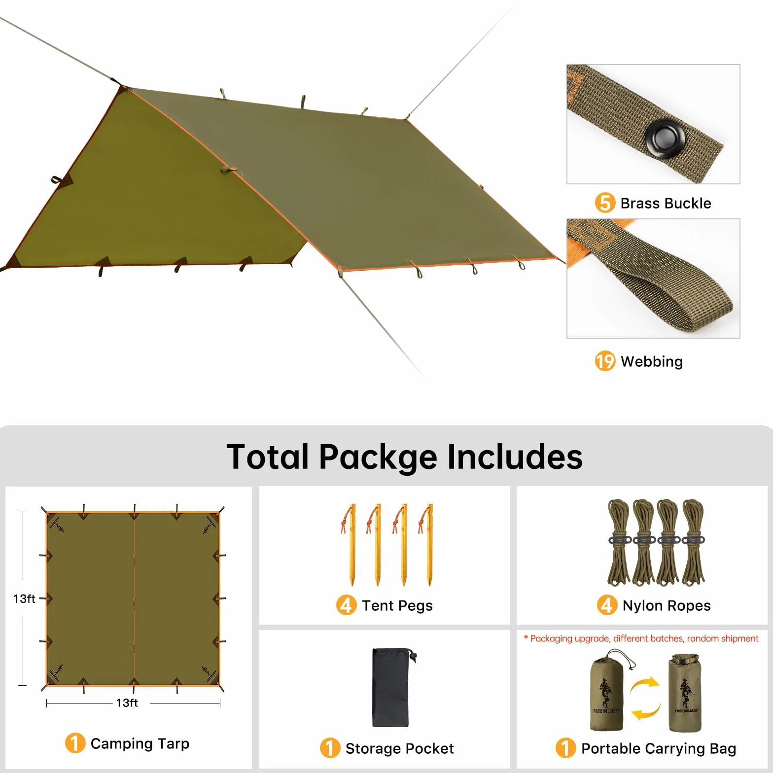 FREE SOLDIER Tarp wodoszczelna plandeka 4 x 4 m, ultralekka plandeka namiotowa, ochrona przed promieniowaniem UV, na kemping, kemping, wędrówki, aktywności na świeżym powietrzu