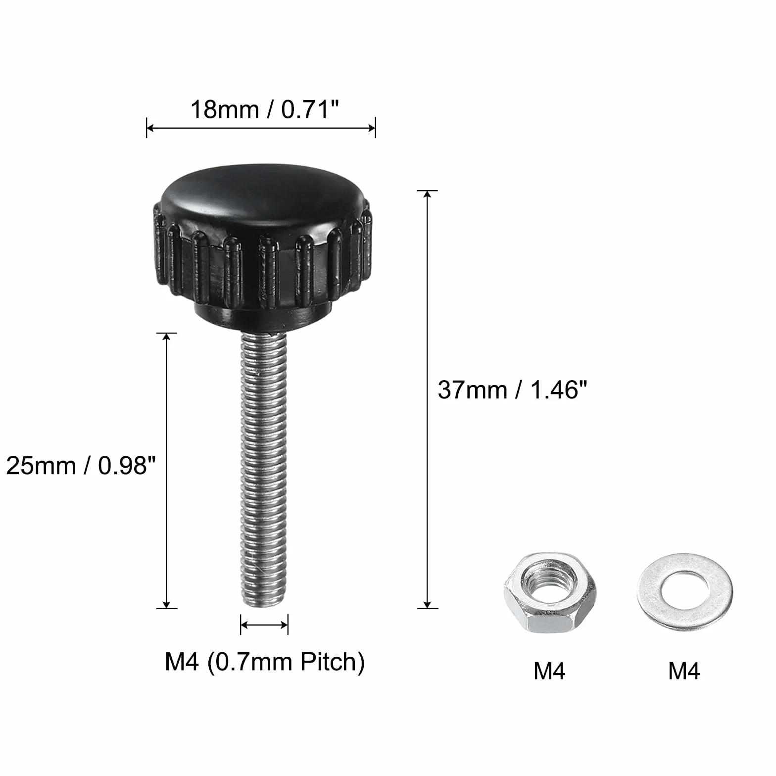 QUARKZMAN 4 sztuki śrub radełkowanych z gwintem M4 x 25 mm, śruba z łbem okrągłym z nakrętkami, podkładki, śruby skrzydłowe ze stali nierdzewnej 304, dźwignia zaciskowa 18 mm, guziki zaciskowe do