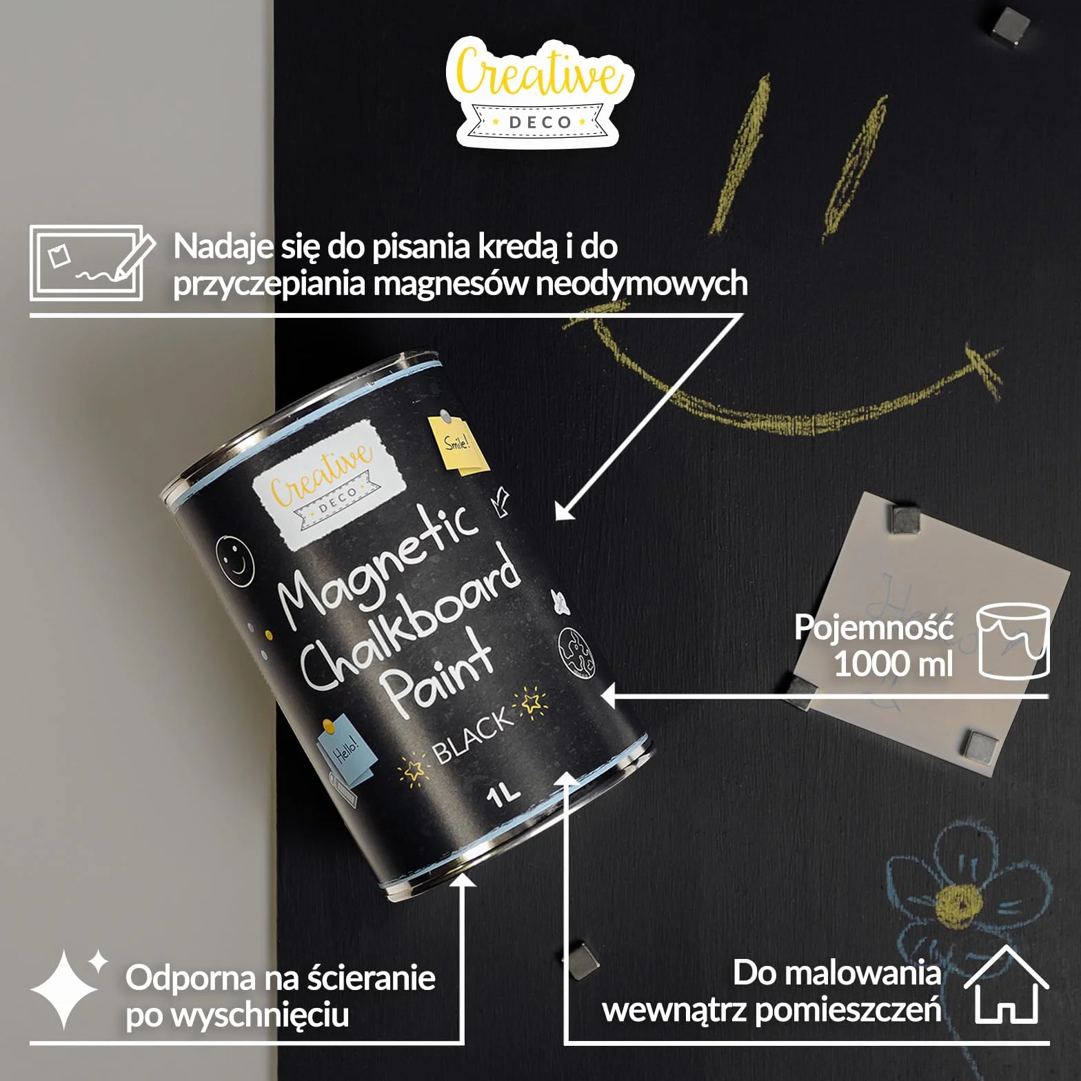 Creative Deco Farba Czarna Akrylowa | 1000 ml | Magnetyczna do celow artystycznych