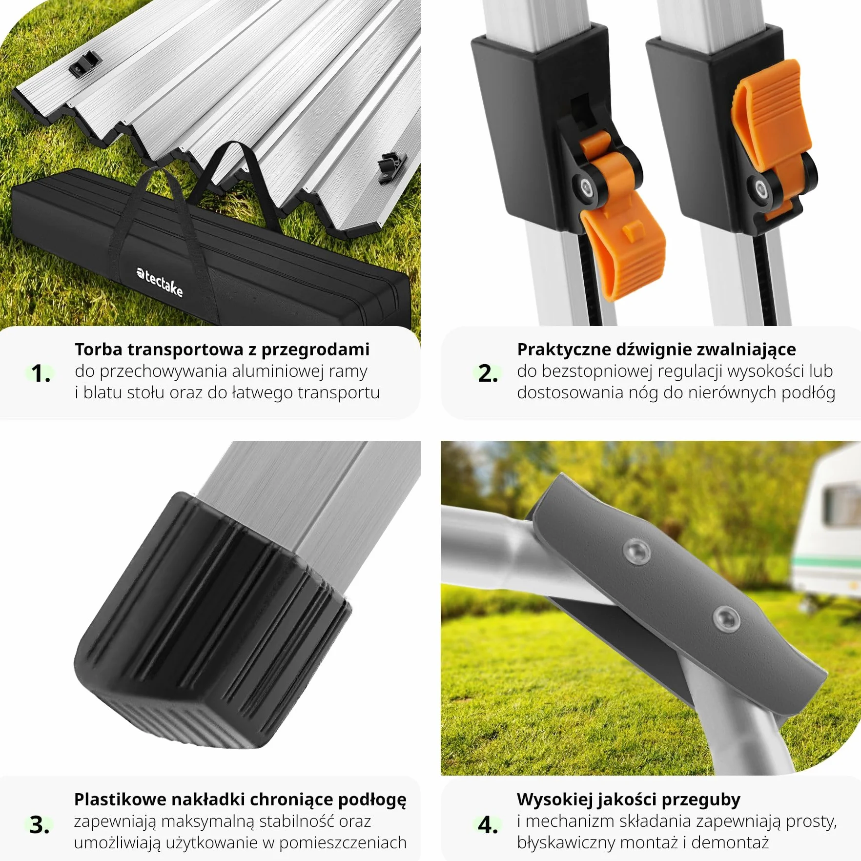 tectake® Składany Stół Kempingowy, Zwijany Blat XXL, Aluminiowa Konstrukcja, Regulacja Wysokości, Lekki, Odporny Na Pogodę, Siatkowa Półka, Torba Transportowa, Doskonały na Piknik (Szary)