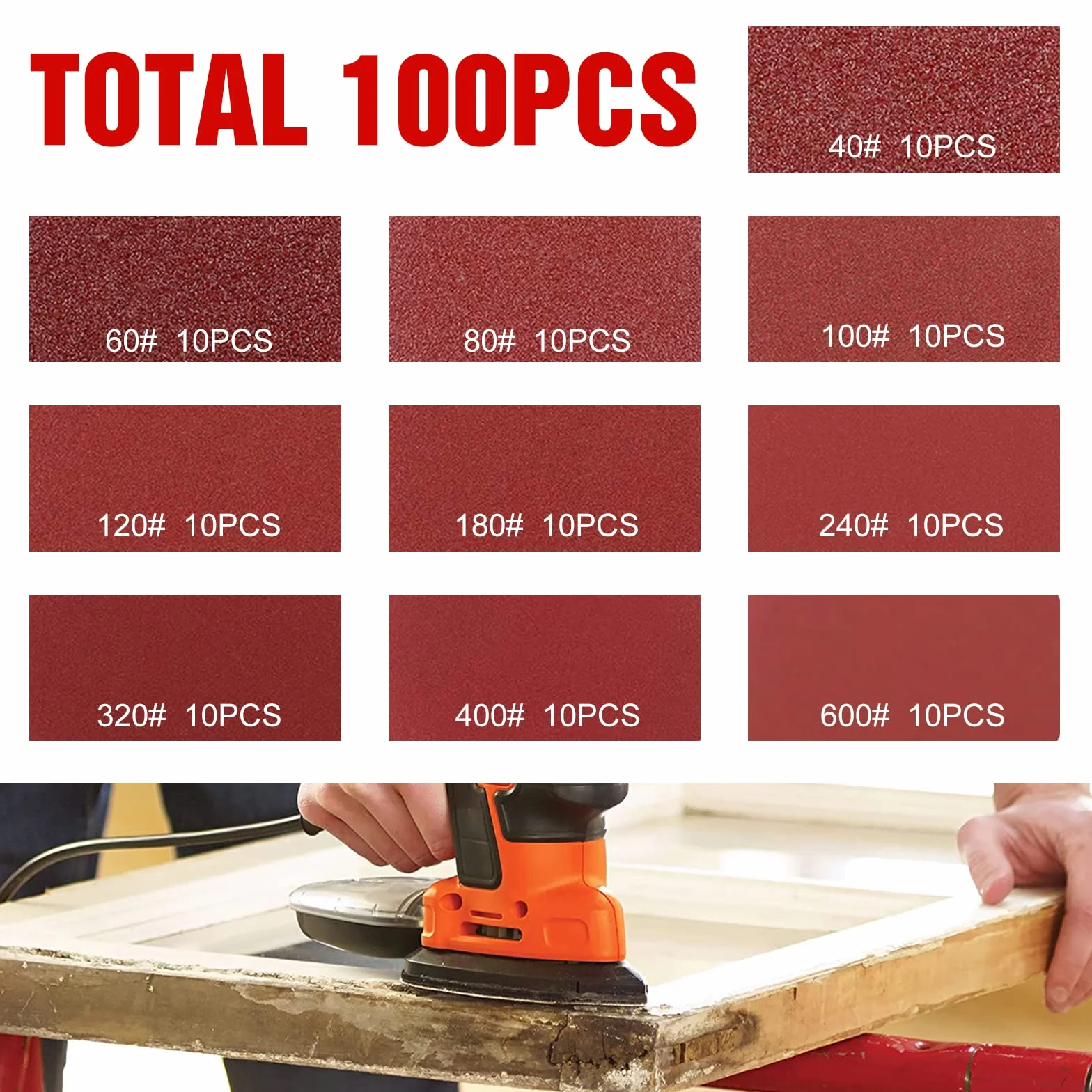 KONGMING Papier ścierny, szlifierka trójkątna, na rzep, 5 otworów, 100 sztuk, ziarnistość: 40, 60, 80, 100, 120, 180, 240, 320, 400, 600 arkusze szlifierskie do szlifierek detalicznych