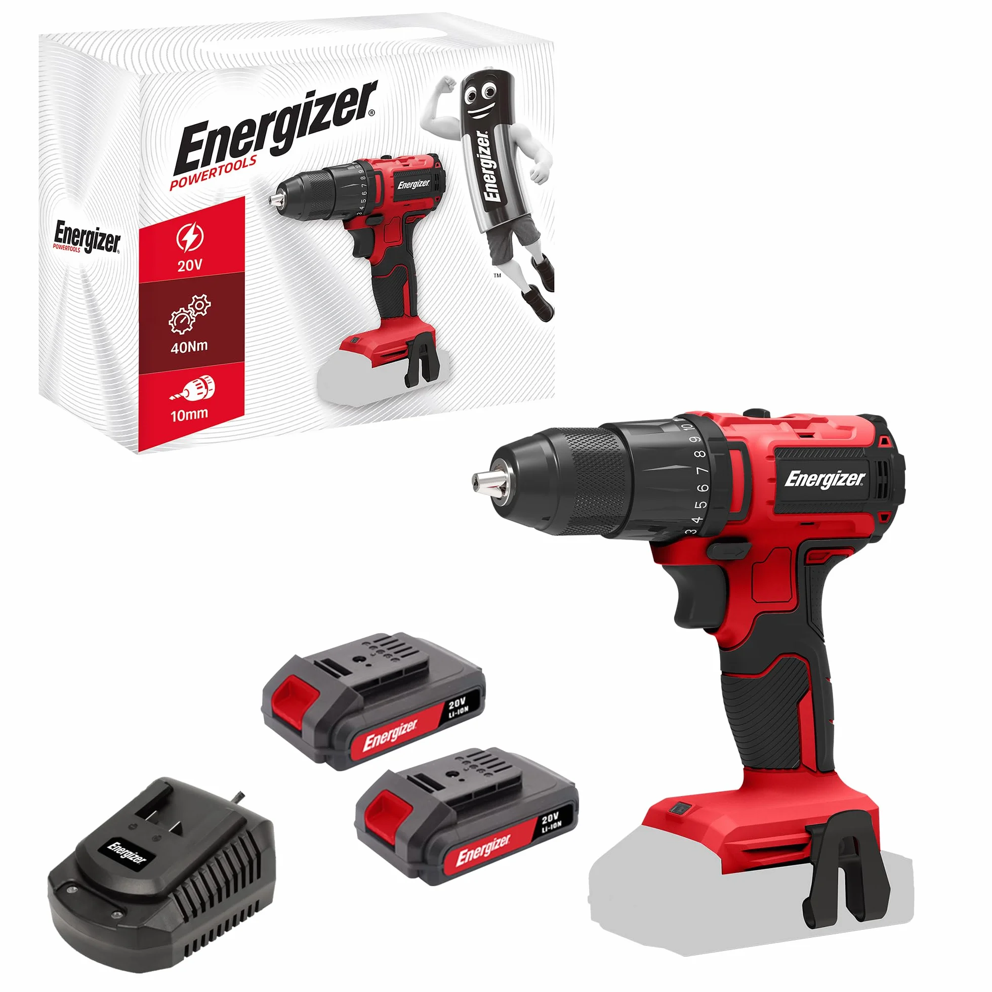 Energizer - Wiertarka akumulatorowa 20 V ultralekki moment obrotowy 40 Nm, 2 prędkości (1850 obr./min), uchwyt 10 mm, w zestawie 2 baterie 20 V 2 AH + szybka ładowarka, narzędzie o wysokiej wydajności