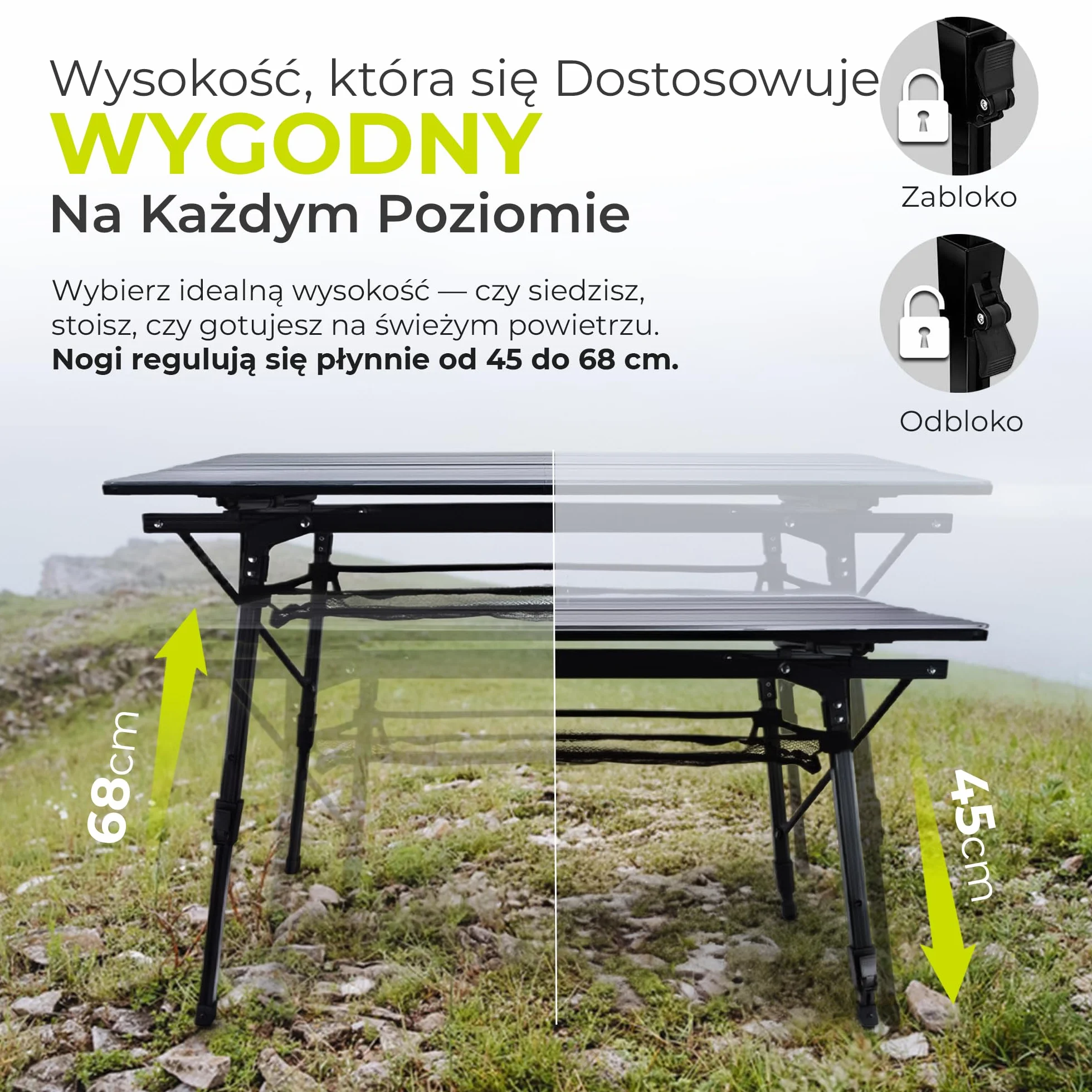 Składany stół kempingowy z regulacją wysokości 90x51 cm 30 kg