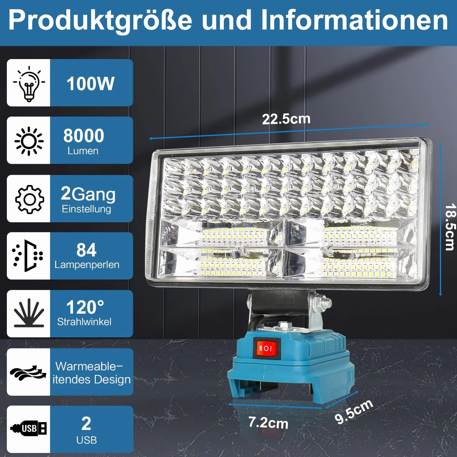 Akumulatorowa lampa do Makita 18 V, 100 W, 8000 lm, bezprzewodowa, 8 cali, akumulatorowy reflektor budowlany z 2 ładowaniem USB, 2 ustawieniami jasności, przenośny reflektor LED (bez baterii)