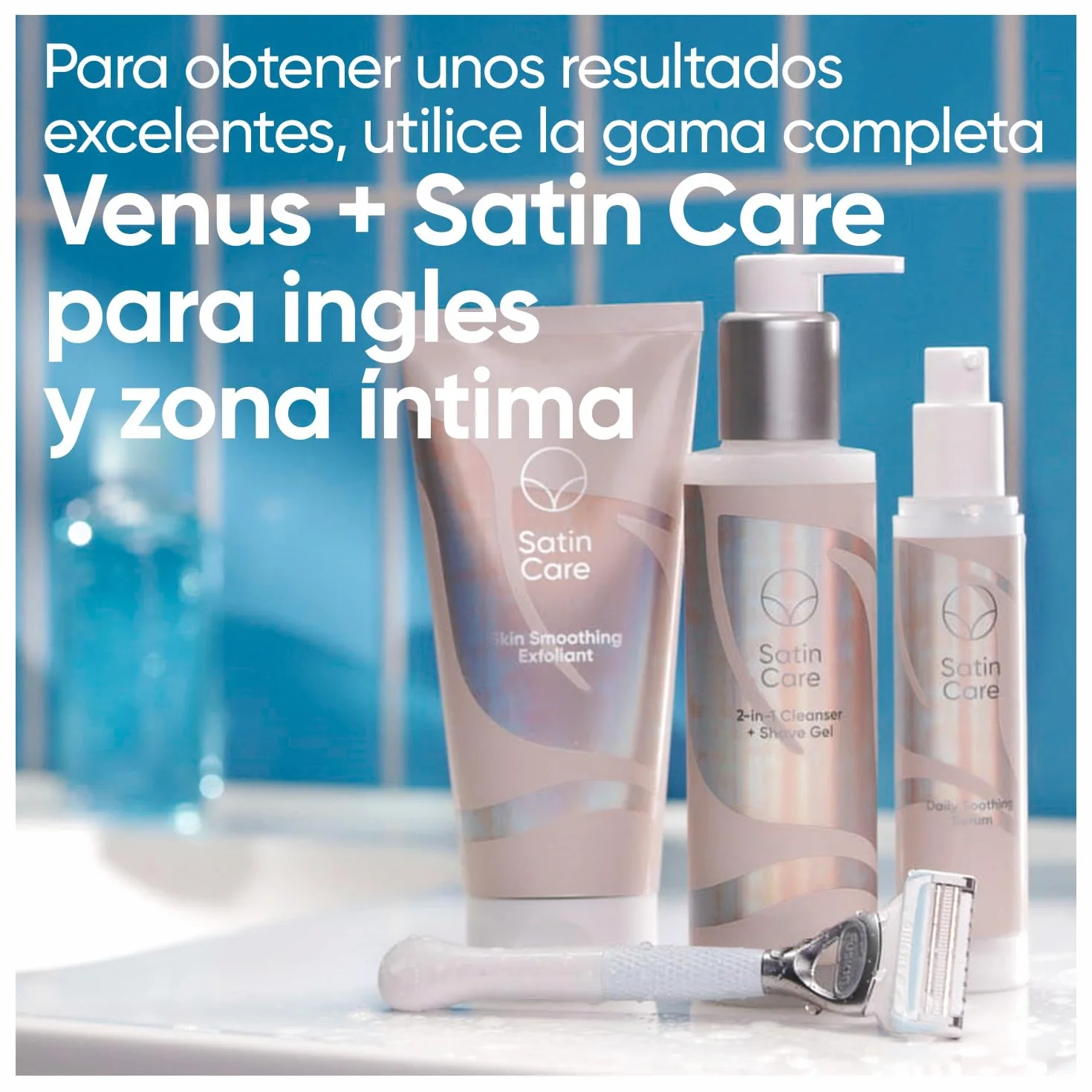 Gillette Venus + Satin Care golarka do okolic intymnych dla kobiet i zestaw prezentowy, golarka damska w okolicach intymnych + 2 ostrza do golenia, peeling, żel do czyszczenia i golenia 2 w 1, serum