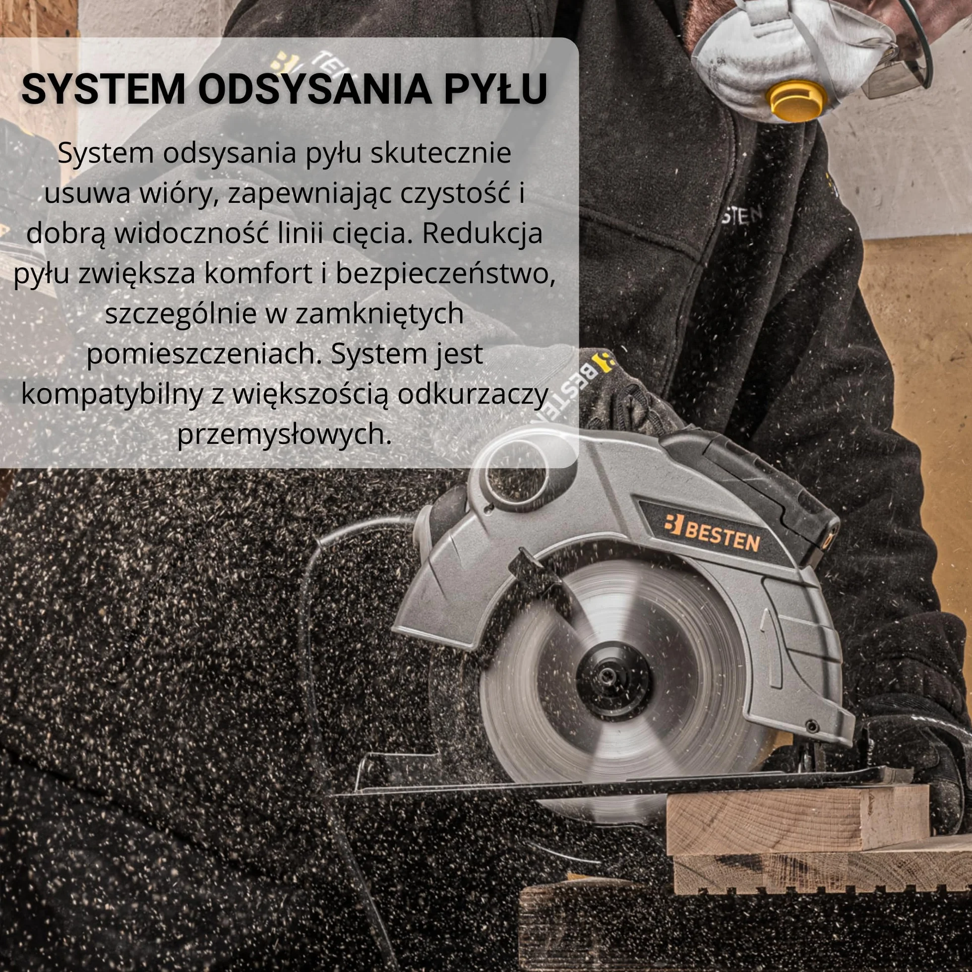 Piła tarczowa ręczna 2000W 185 mm do drewna, laser, 3 tarcze 24T 40T 60T, cięcie 65 mm, regulacja 0–45°, odsysanie pyłu BESTEN