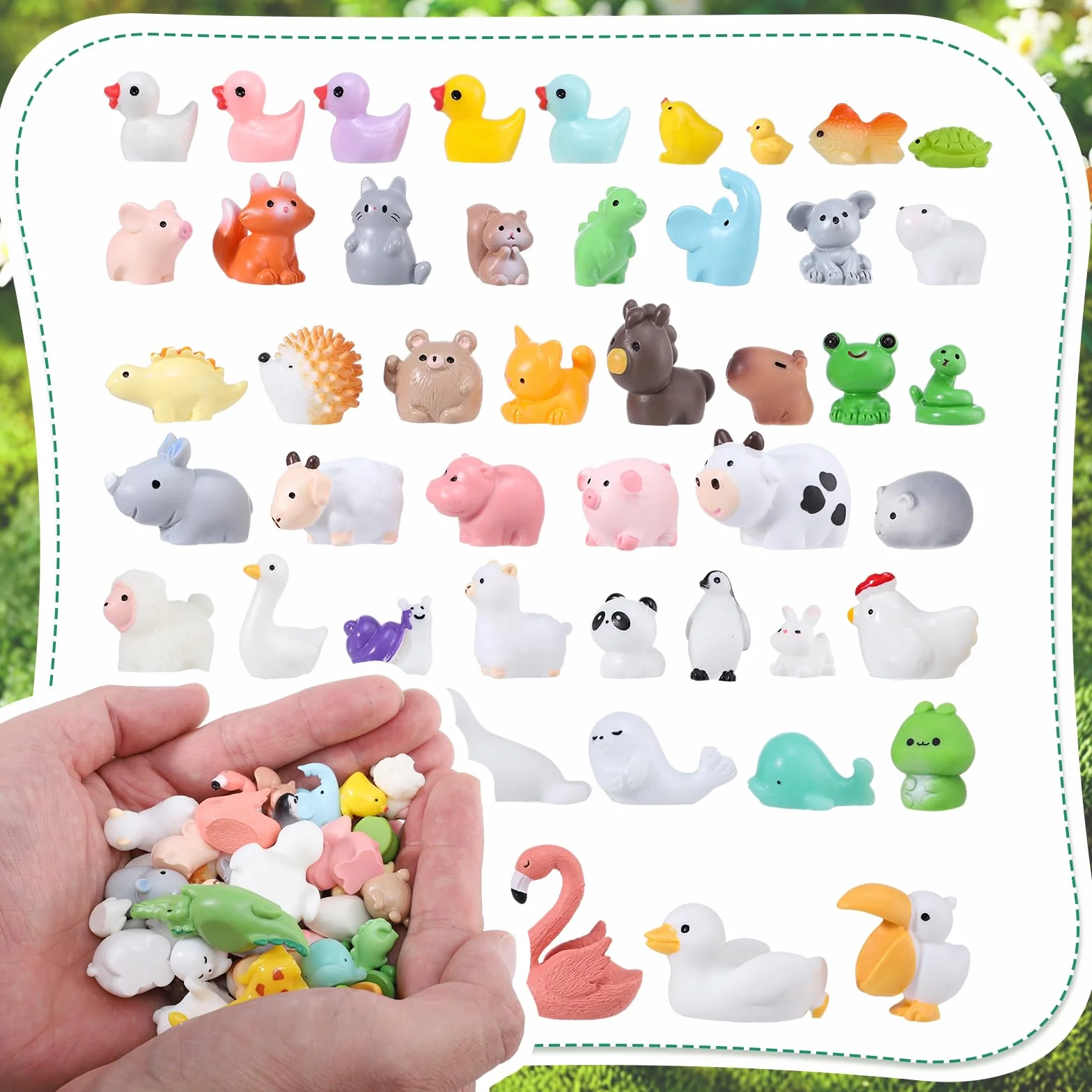 XREE 50 sztuk mini figurek zwierząt z żywicy, małe zwierzęta, wielokolorowe figurki z żywicy syntetycznej, mini kaczki, koty, świnie, łabędzie, do ogrodu wróżek, miniaturowych krajobrazów, domku dla