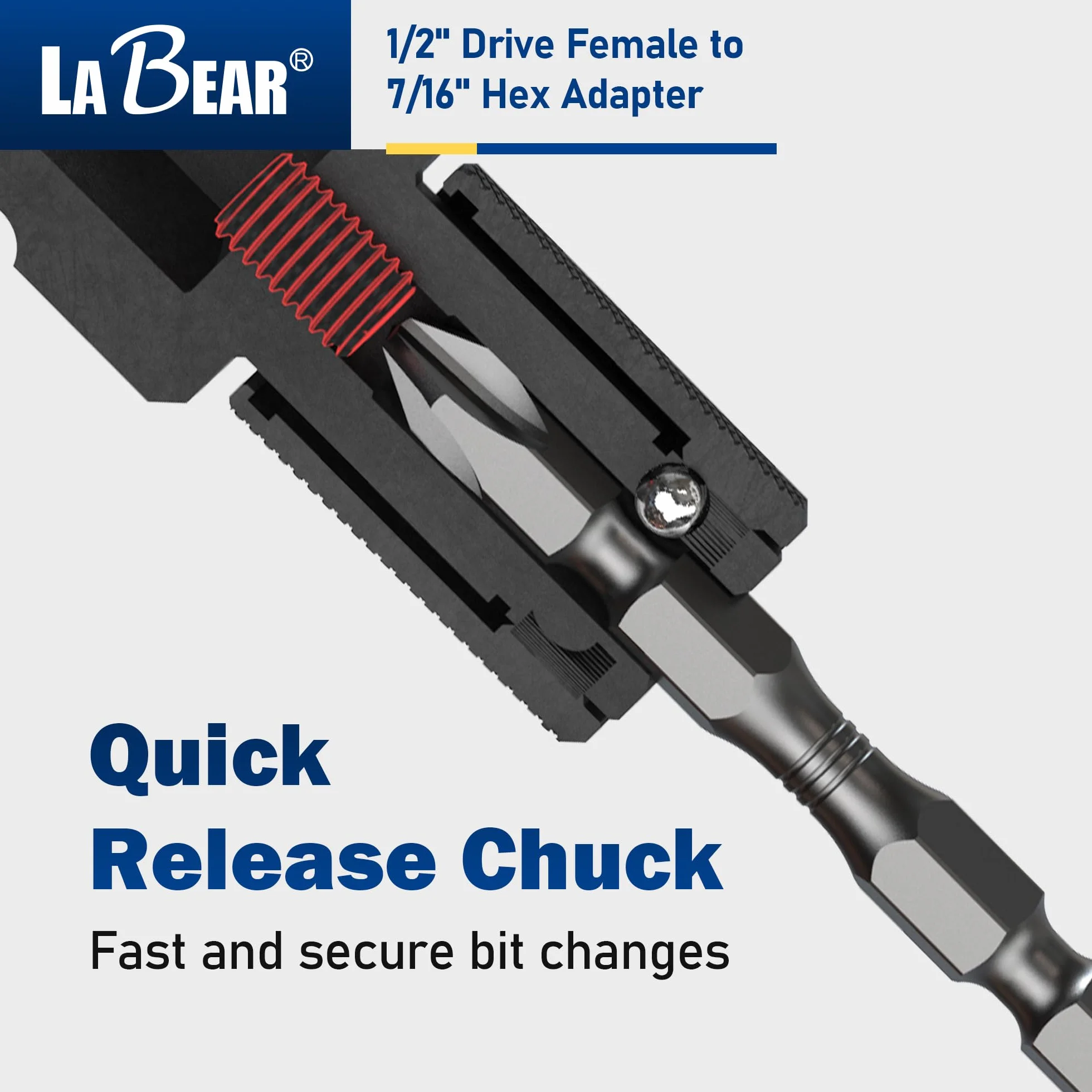 LABEAR TOOL Adapter klucza udarowego, napęd żeński 1/5.1 cm na konwerter sześciokątny 7/40.6 cm, szybkie zwalnianie, uchwyt szybkiej wymiany, adapter do wiertarki udarowej, stalowe klucze grzechotkowe