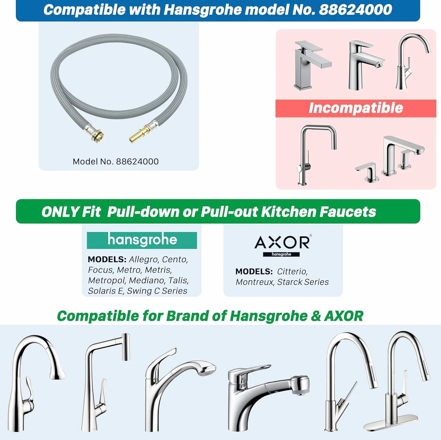 88624000 część zamienna węża do kranu kuchennego Hansgrohe wyciągany wąż natryskowy 95507000 95506000, długość 150 cm Awelife