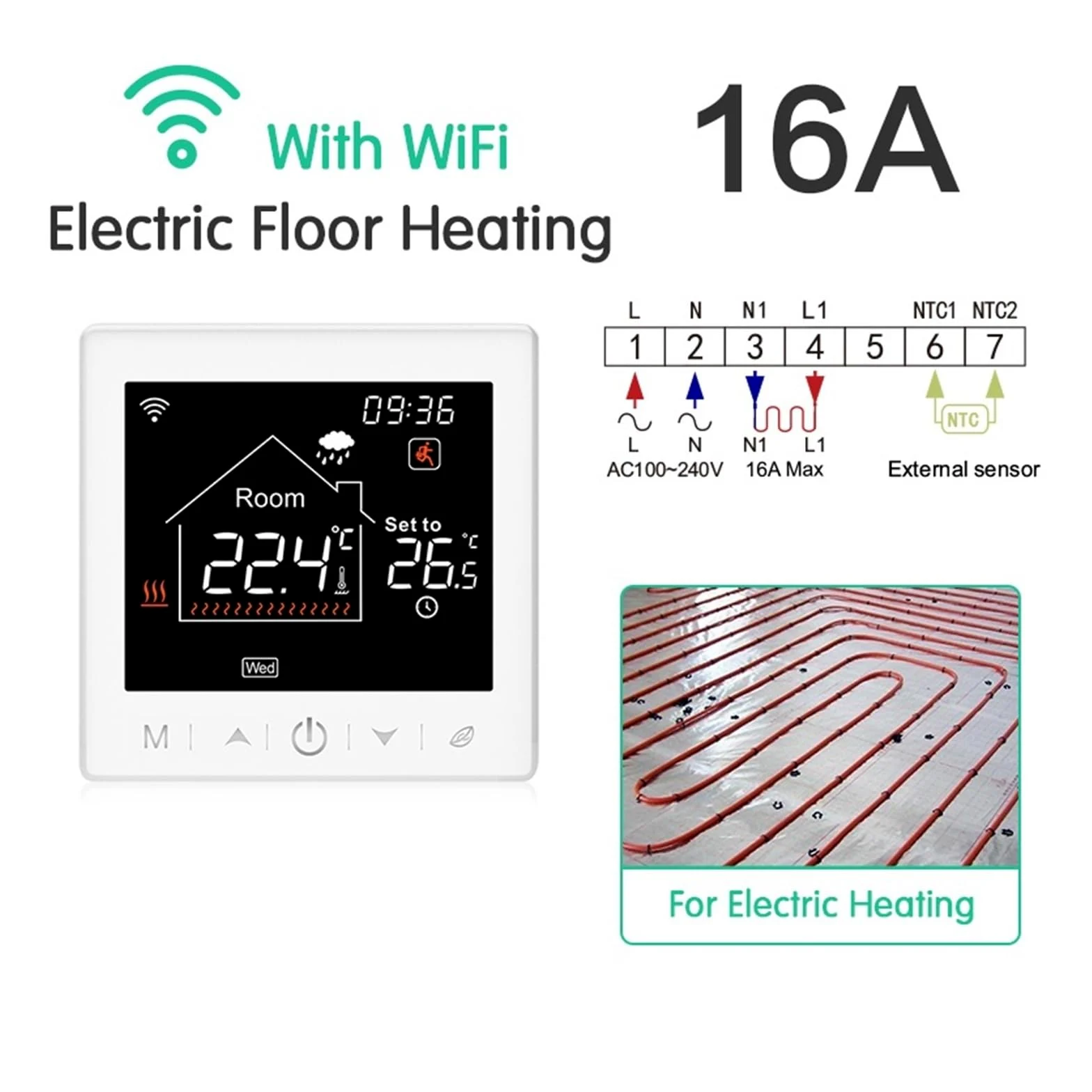 Termostat do ogrzewania podłogowego Programowalny regulator temperatury WiFi elektrycznego ciepłego kotła gazowego Smart Life Work OszczęDza Energię I Koszty Ogrzewania(16A Electric White)
