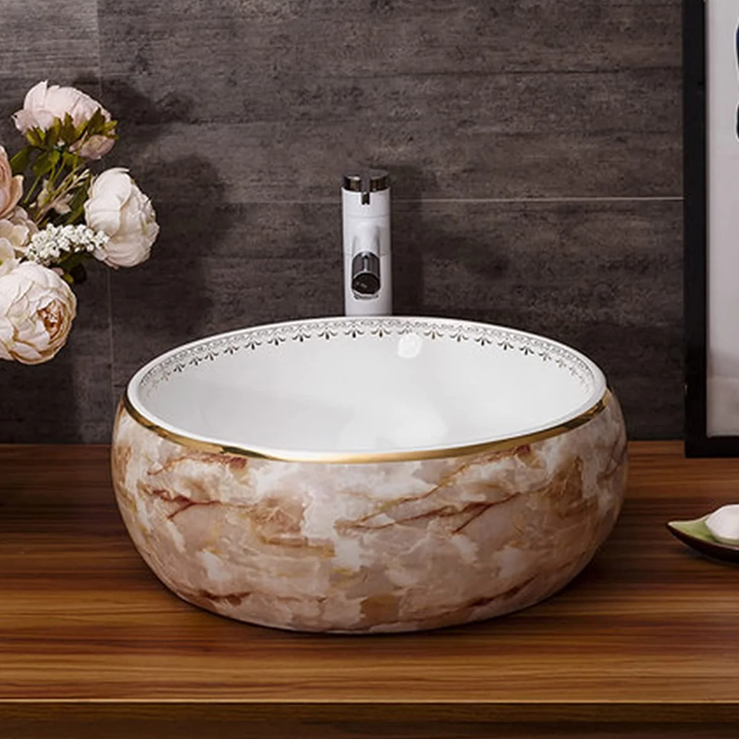 Ceramiczna Umywalka Łazienkowa, Okrągła Umywalka Łazienkowa, Umywalka Nablatowa, Umywalka Artystyczna, Umywalka Nablatowa, Wzór Marmuru, Ceramiczna Umywalka Nablatowa, 41X14 C,Singlevesselsink