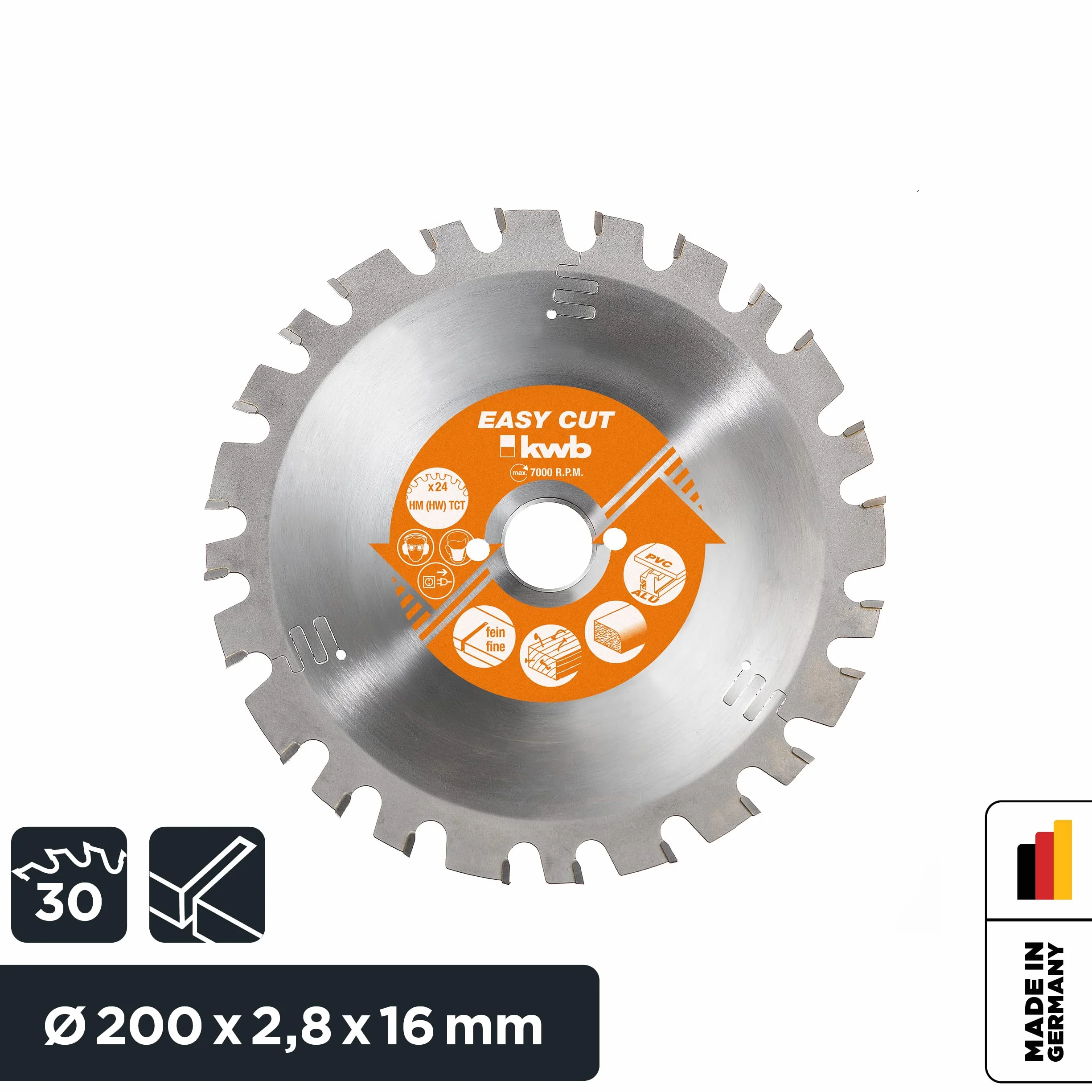 kwb Brzeszczot do piły tarczowej 200 x 16 mm, Made in Germany, odporny na gwoździe, do drewna z resztkami metalu, uniwersalny brzeszczot do np. metali, drewna i tworzyw sztucznych