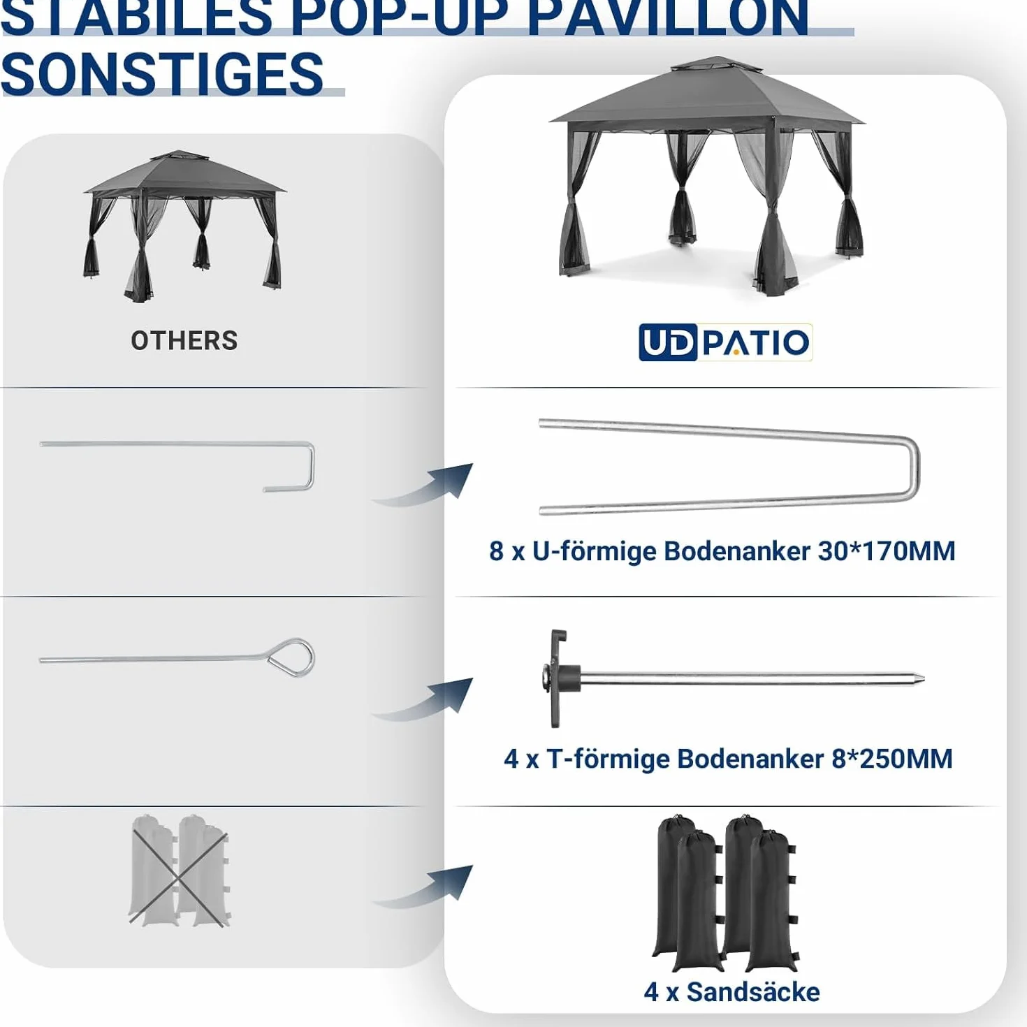 UDPATIO Pawilon składany 3,3 x 3,3 m, namiot Instant Patio Gazebo, wodoszczelny, stabilny, z podwójnym dachem, moskitierą i 4 workami na piasek, metalowe podpory, pawilon ogrodowy na taras, do ogrodu,