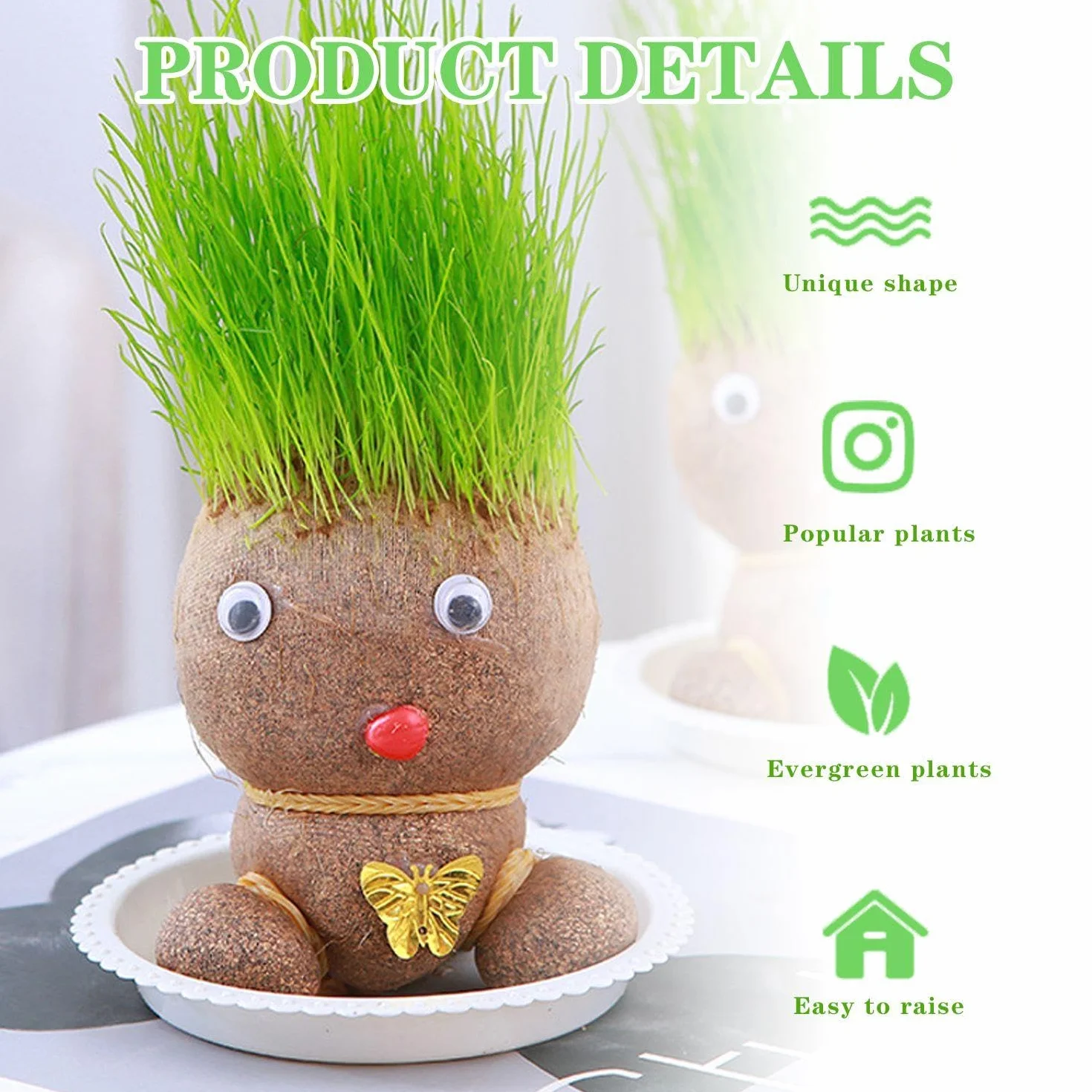 Lalki do uprawy roślin, 2-częściowe tace, głowa kwiatowa, mini lalki z głową trawy bonsai