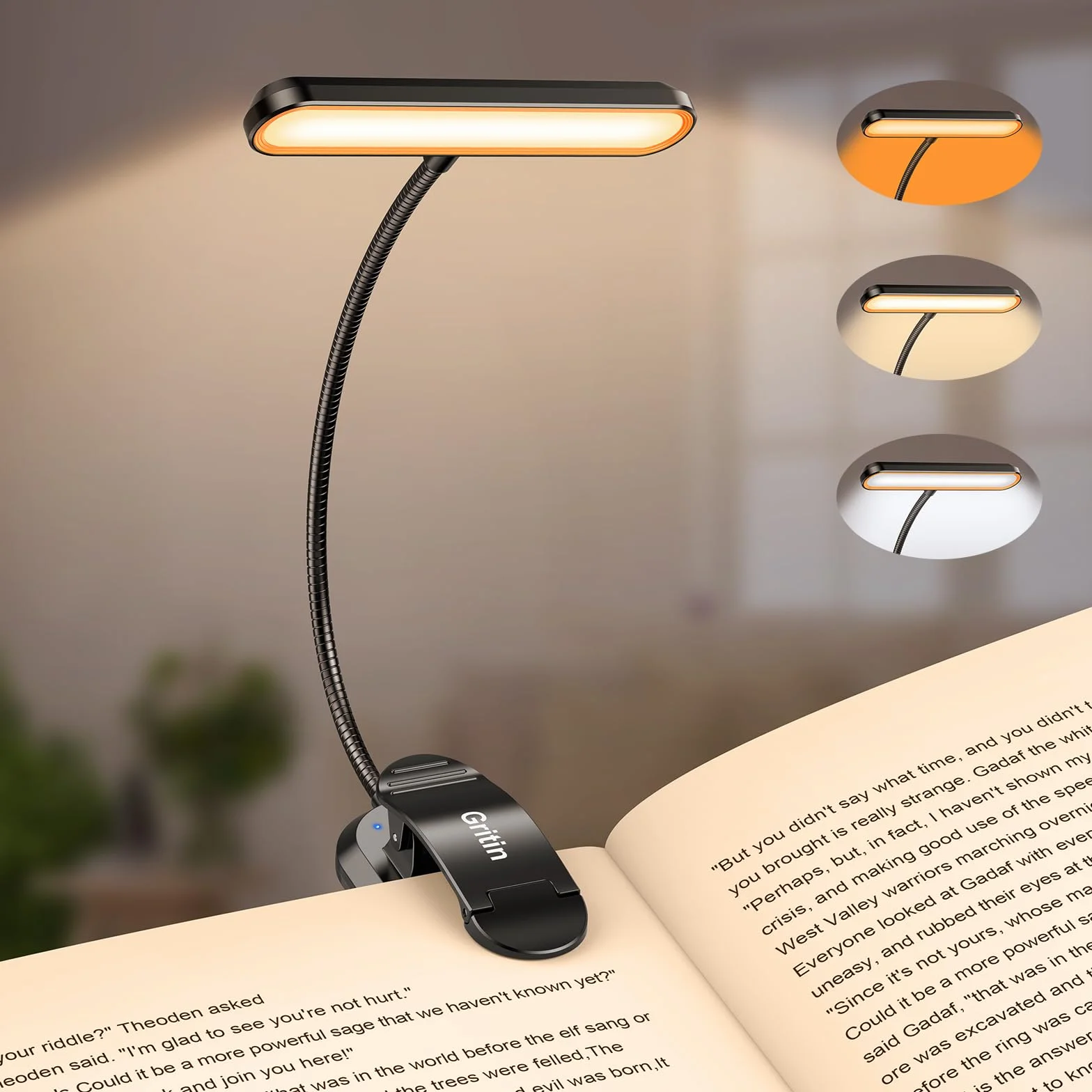 Gritin Światło do Czytania z 19 Diodami LED, Lampka do Czytania z Funkcją Pamięci, 3 Tryby Ochrony Wzroku i 5 Poziomów Jasności, Duży Obszar Oświetlenia, 360° Elastyczna dla Czytelników