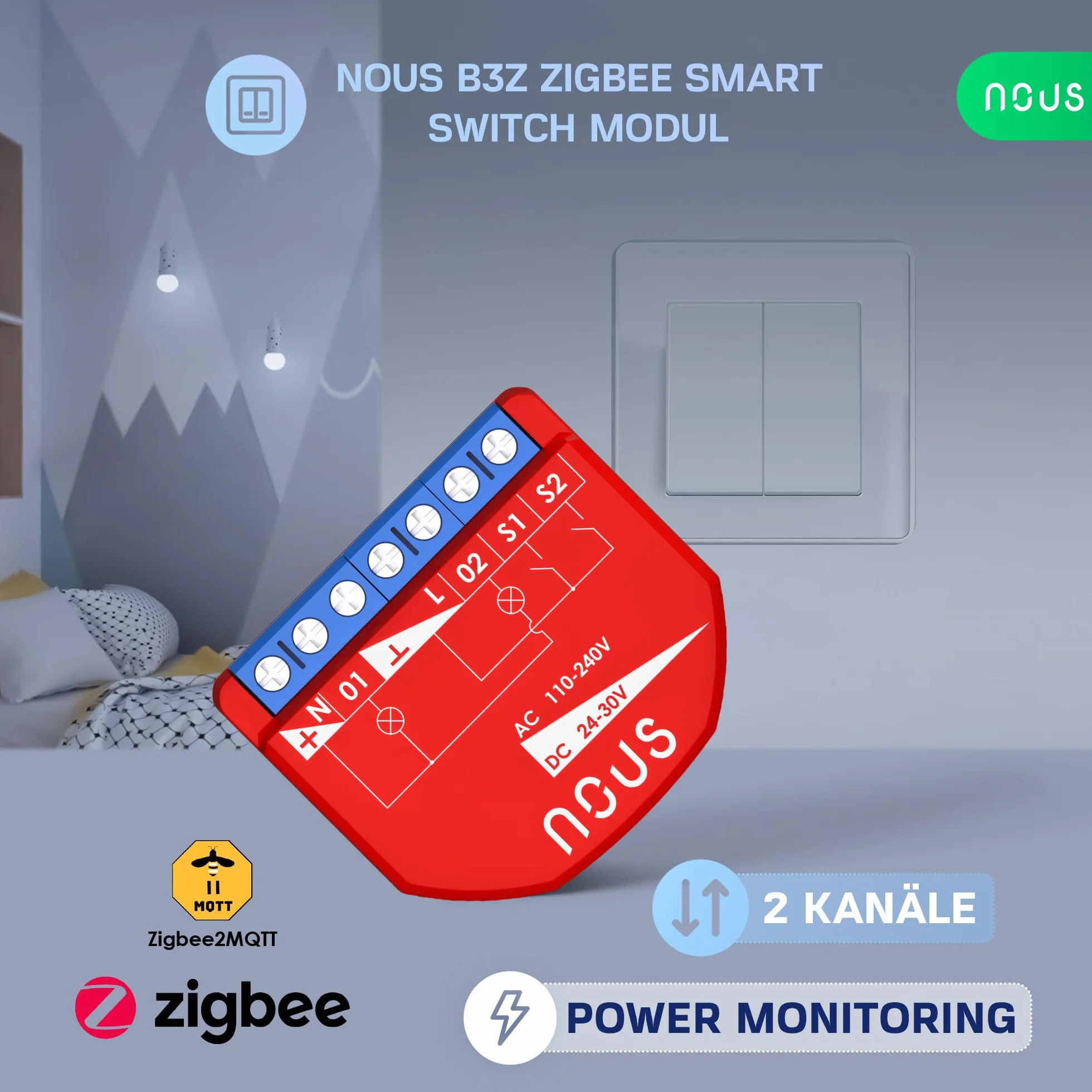 NOUS ZigBee Smart Switch moduły z pomiarem mocy, 2 kanały, AC 16 A/DC 10 A, suche styki, wymagany koncentrator 3.0, kompatybilny z Alexa, Zigbee2MQTT, Google Assistant, Home Assistant, Tuya