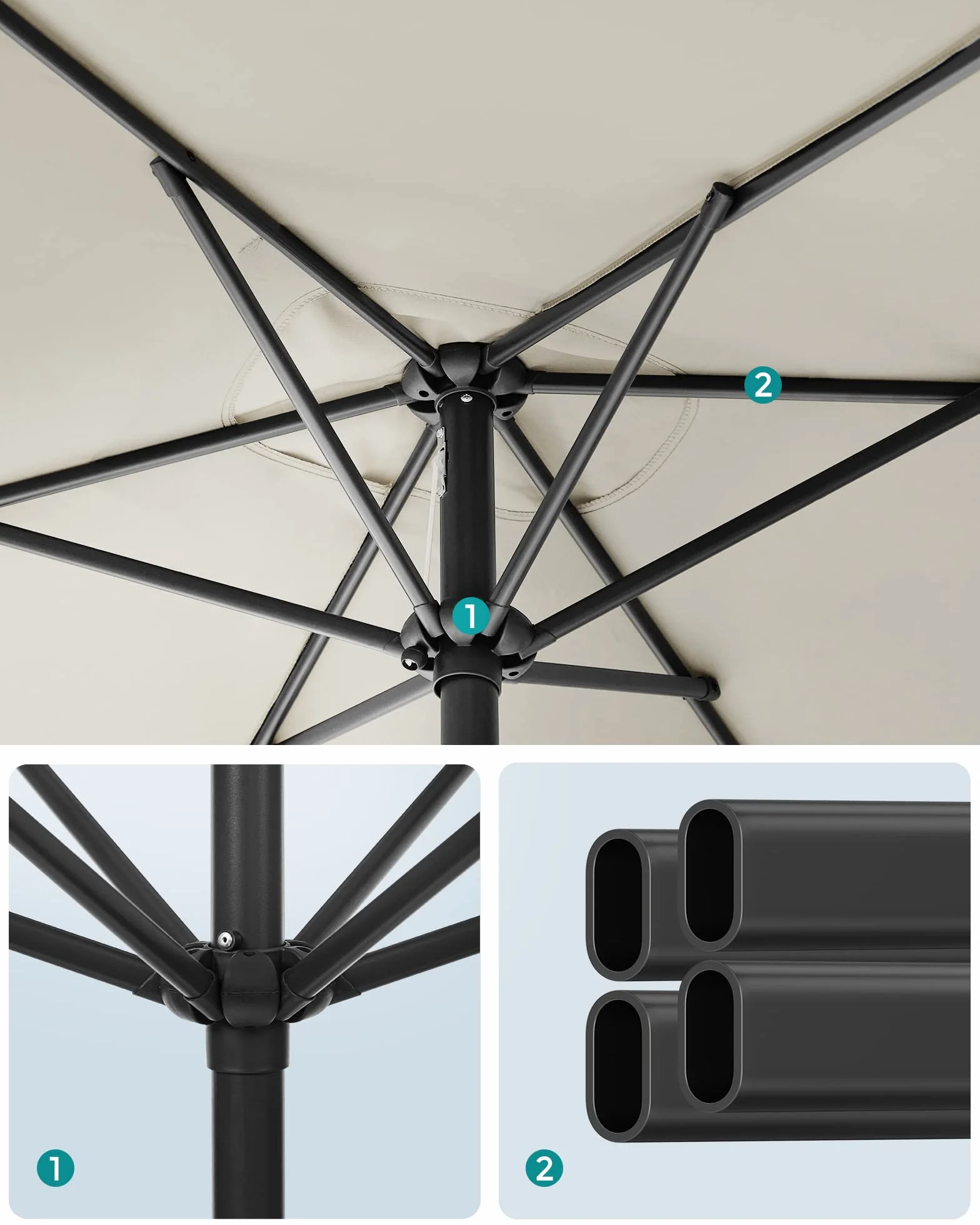 SONGMICS parasol 200 x 150 cm, prostokątny parasol balkonowy, ochrona przeciwsłoneczna UPF 50+, wygięty w obie strony o 30°, do ogrodu, na taras, bez stojaka, beżowy GPU048M01