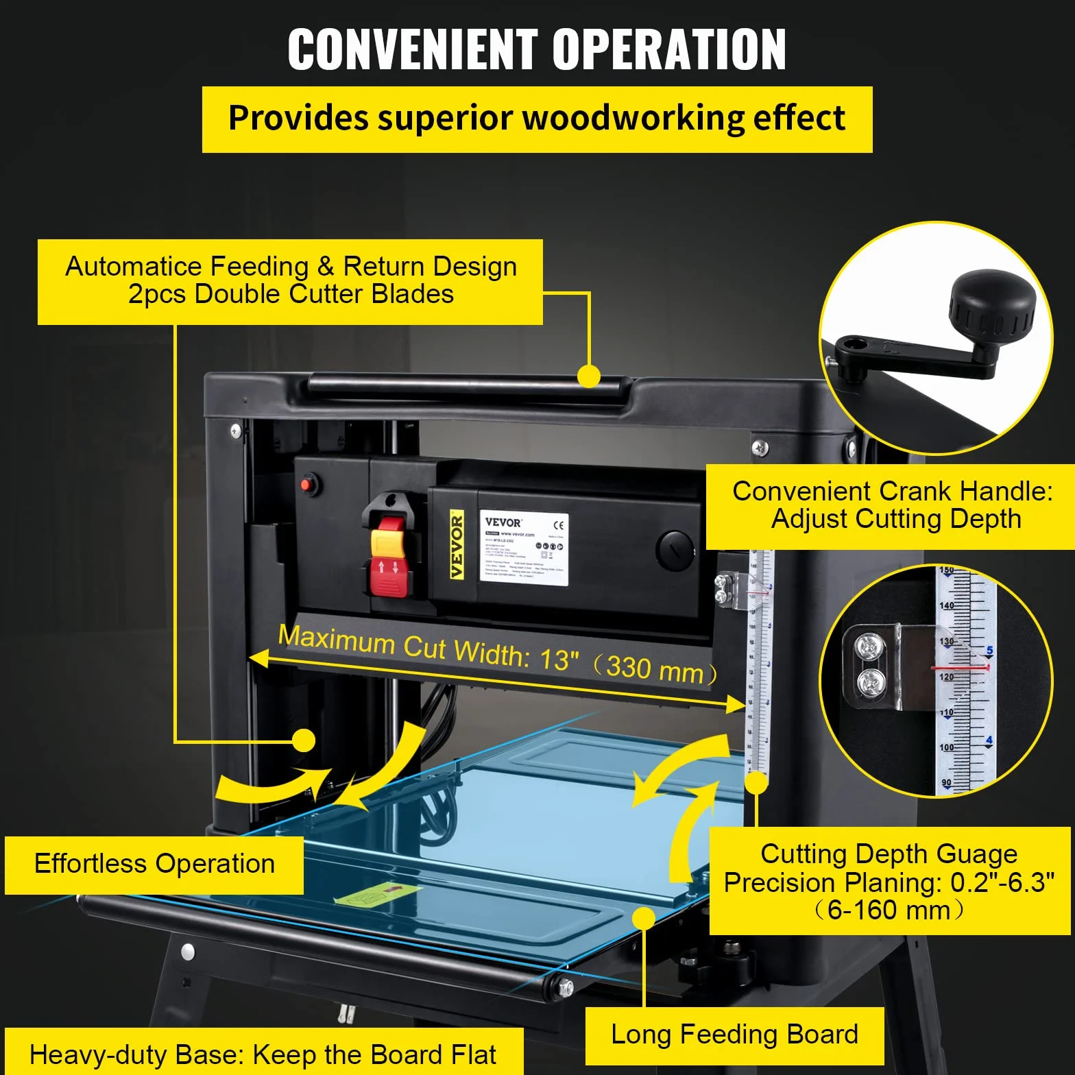 VEVOR Strugarka do drewna 2000 W Strugarka elektryczna Maks. szerokość cięcia 330 mm Profesjonalna strugarka stacjonarna 2 ostrza 8000 obr/min Grubość cięcia 6-160mm Głębokość 3mm