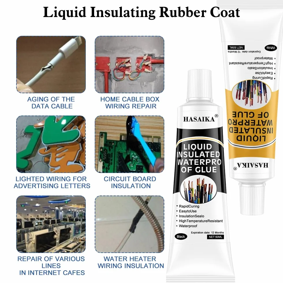 Liquid Electrical Tape, Wodoodporna i szybkoschnąca taśma izolacyjna, odpowiednia do wszystkich rodzajów kabli i urządzeń elektrycznych (50 ml czarna + 50 ml biała)