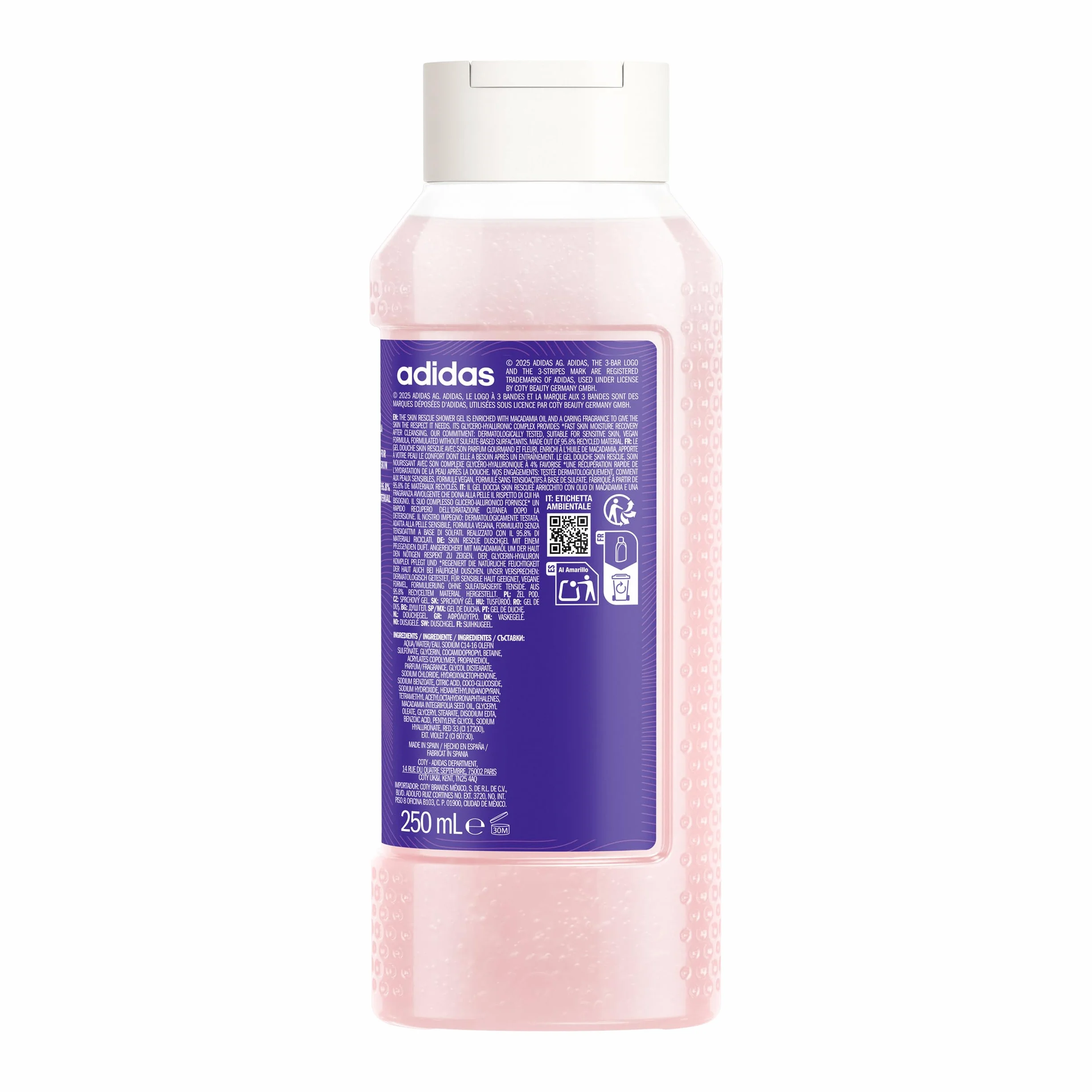 adidas Żel pod prysznic Active Skin & Mind Skin Rescue dla kobiet, testowany dermatologicznie, kompleks na bazie glicerolu i kwasu hialuronowego, głębokie nawilżenie, wegański, odpowiedni dla skóry