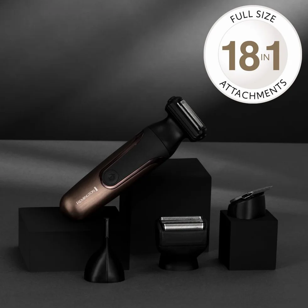 Remington trymer wielofunkcyjny do pielęgnacji całego ciała, zawiera 18 końcówek [ 4 głowice, 14 nasadek], trymer do brody/ciała/nosa/uszu/brwi, wodoodporny, litowy, ONE Total Body Multigroomer PG780