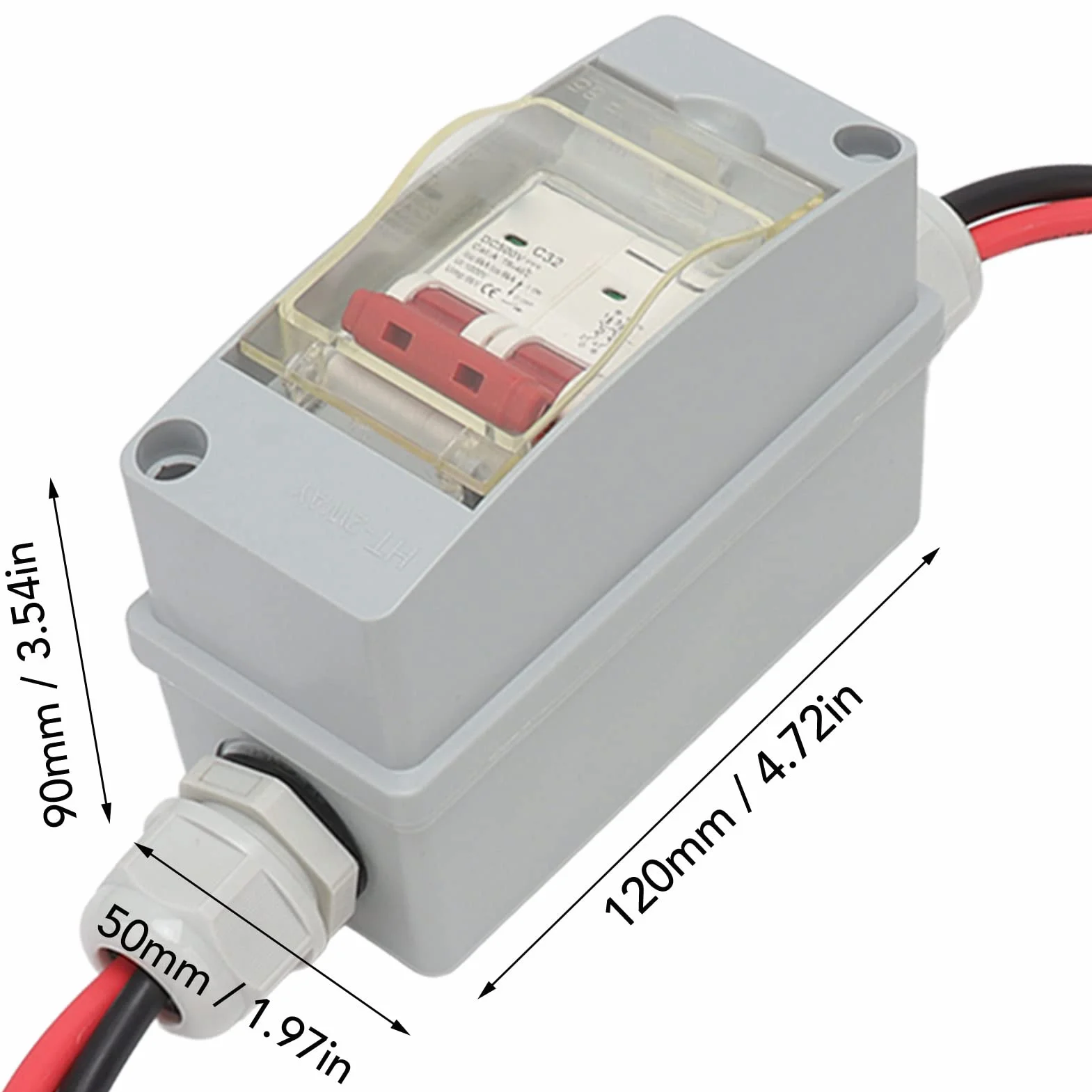 Wakects MCB 2P DC 500 V 32 A, wyłącznik odłączający DC, izolator fotowoltaiczny z obudową rozdzielczą IP65, do kratki panelowej (z kablem i